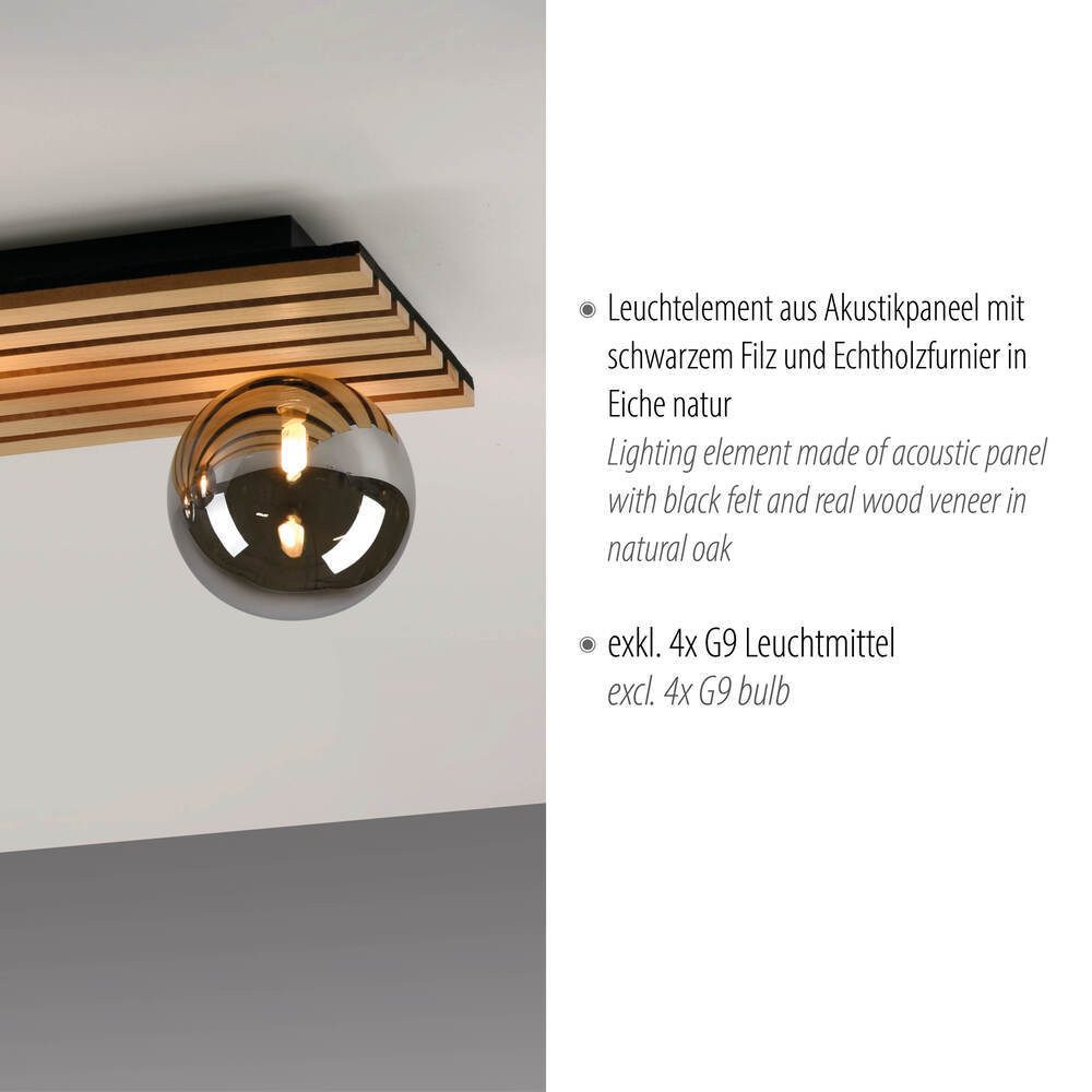 JUST LIGHT LED Deckenleuchte LED Deckenlampe STIKA, Akustikpanel mit Echtholzfurnier, G9, Echtholzfurnier Eiche, Rauchglas