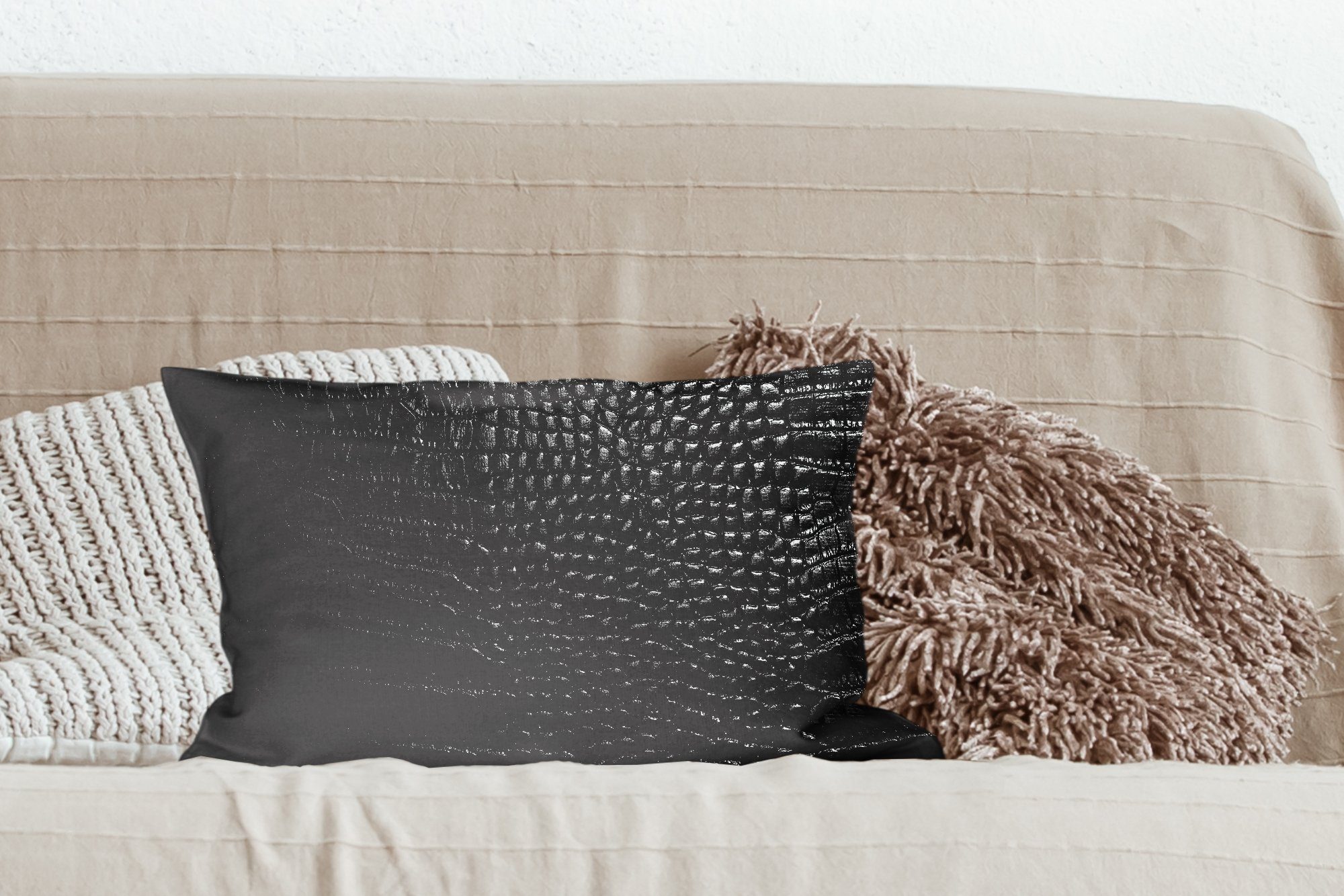 MuchoWow Dekokissen Leder - Textur - Schwarz - Grau, Kissenbezug für Sofa, Dekorationkissen, Kissenhüllen, 50x30 cm