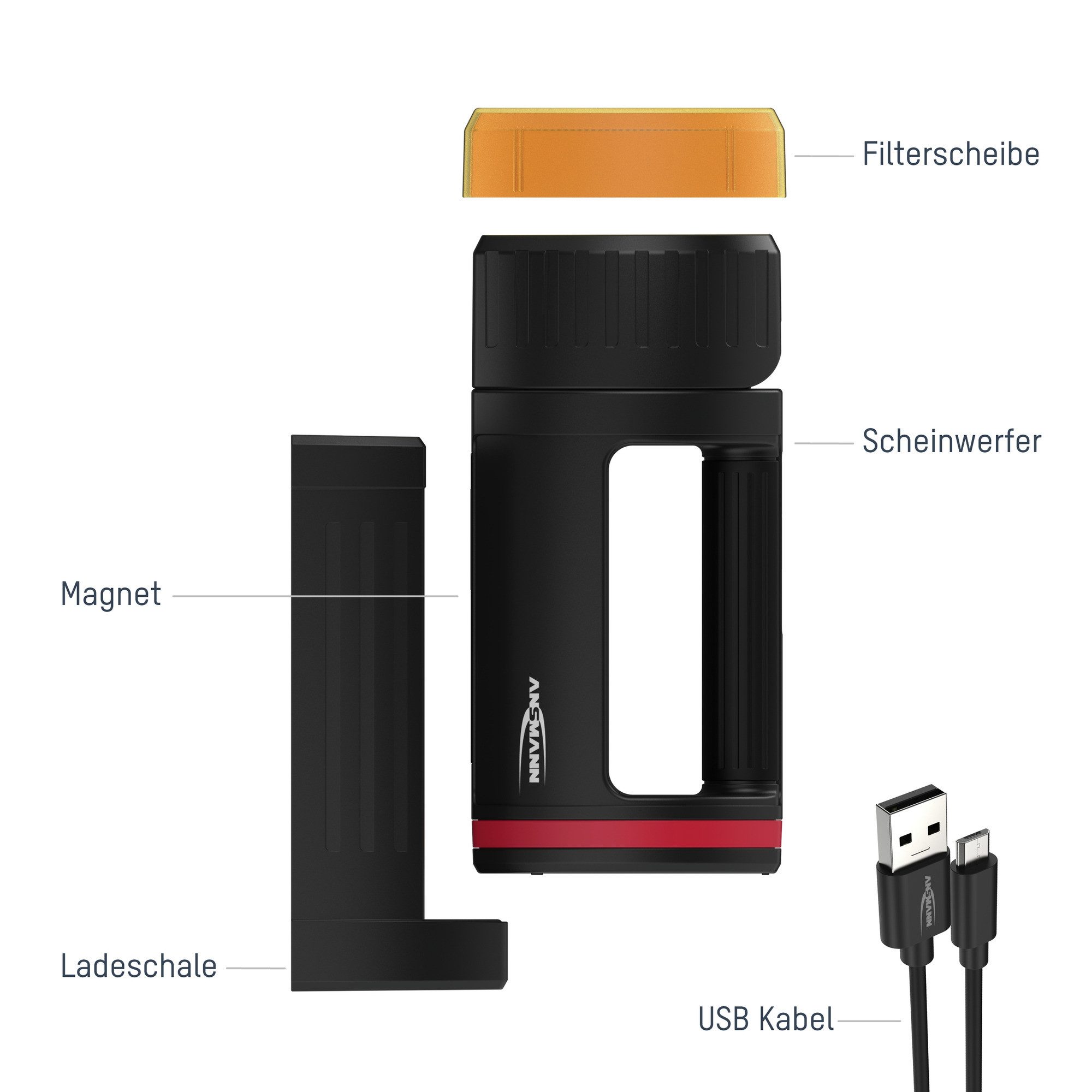 ANSMANN AG LED Scheinwerfer HS5R LED-Akku-Handscheinwerfer 400 Lumen dimmbar & aufladbar via USB, 5W CREE LED