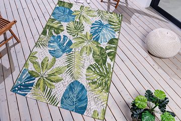 Teppich LEAF 235x160cm türkis / grün / weiß, riess-ambiente, rechteckig, Höhe: 8 mm, Wohnzimmer · Flachgewebe · florales Design · Blattmuster · Outdoor
