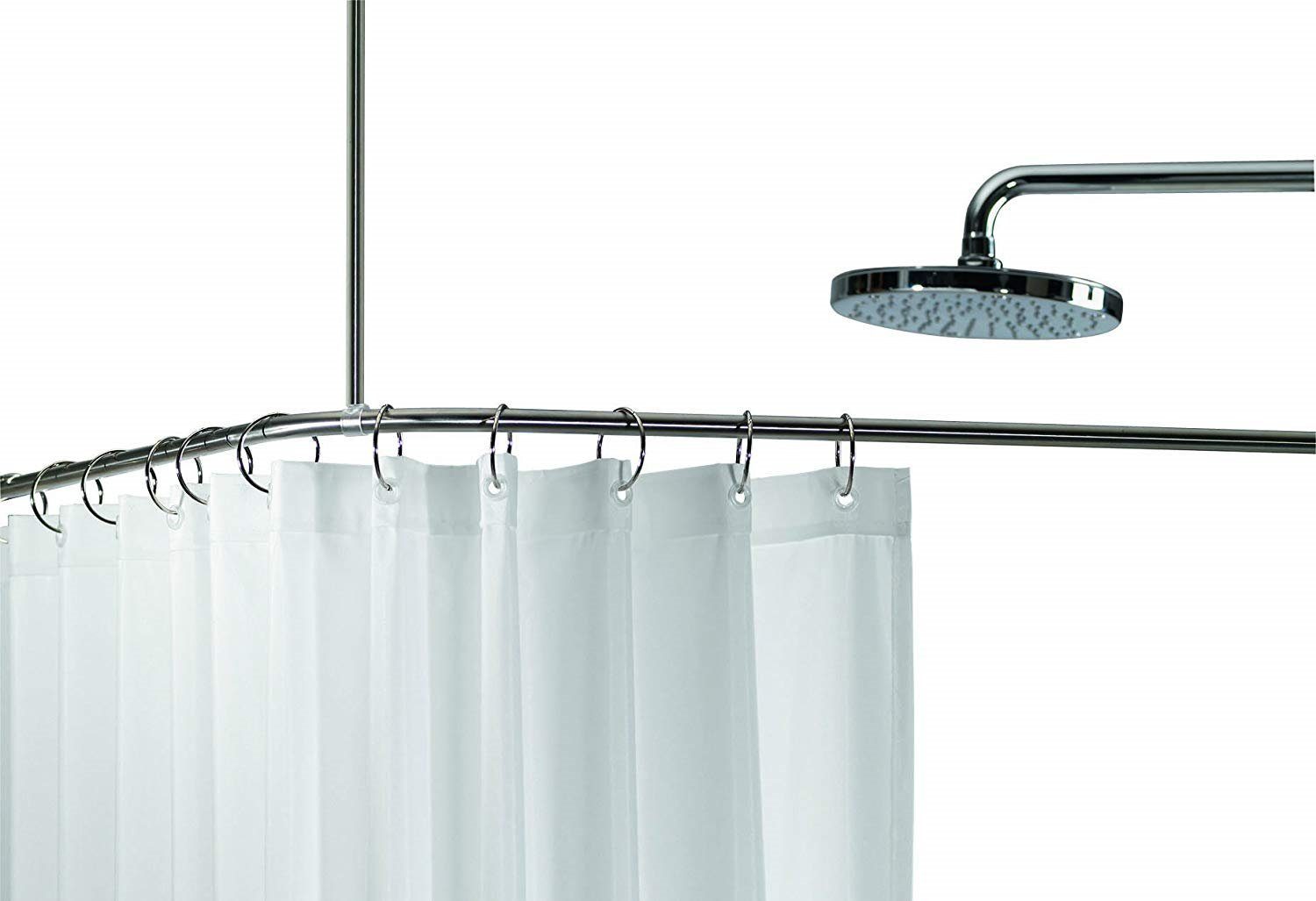 spirella Winkelstange SLIM, Deckenstütze kürzbar, 2 Montagemöglichkeiten:, verschraubt, oder, geklebt, Eck-Duschvorhangstange aus hochwertigem Edelstahl, zum Schrauben oder Kleben, im Set mit Deckenstütze und 12 Ringen, chromglänzend, 90 x 90 cm