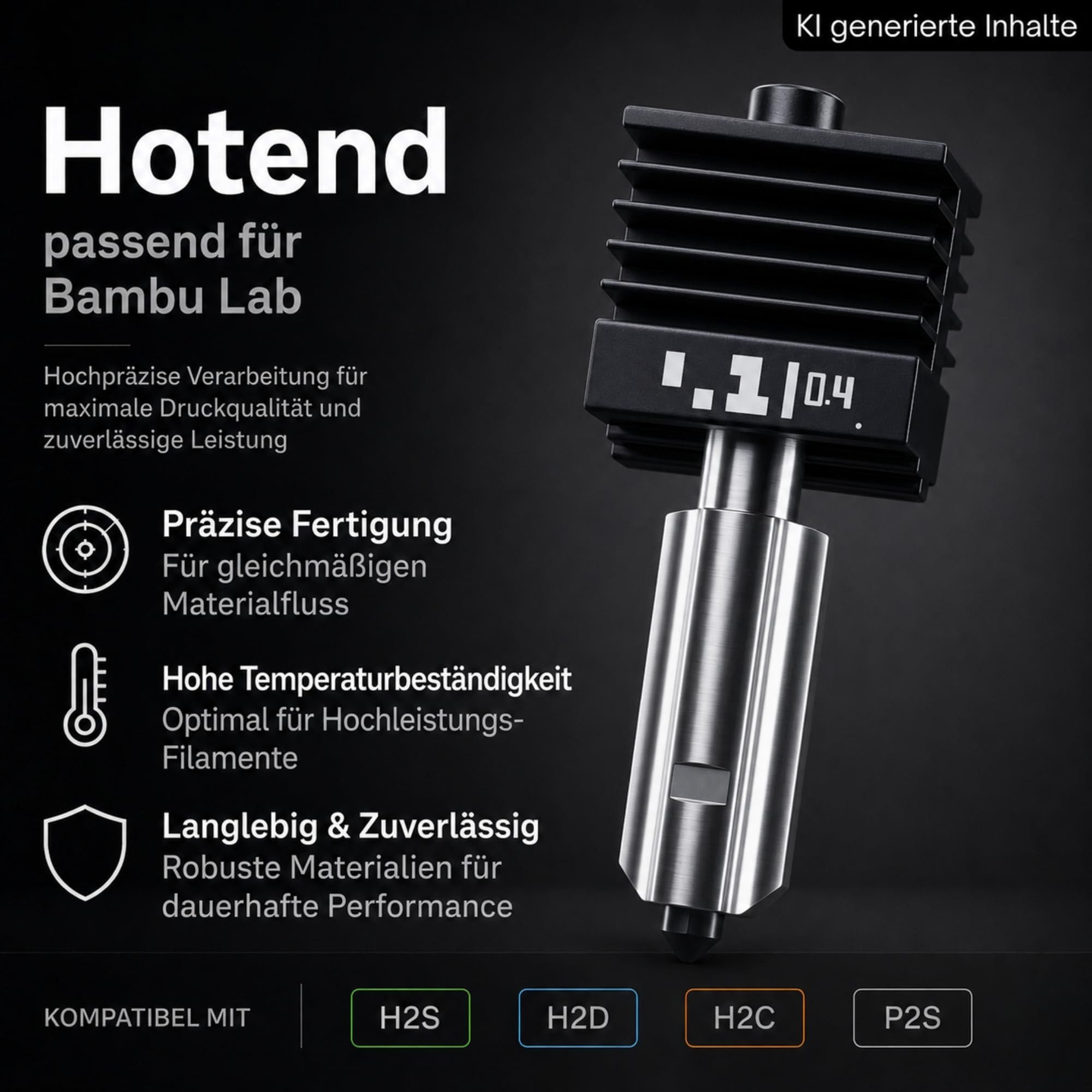 TronicXL 3D-Drucker P2S H2S H2D Hotend 0,4mm Düse passend für Bambu Lab 3D Drucker Nozzle, Ersatzteil H2C gehärteter Stahl ASA PETG PLA
