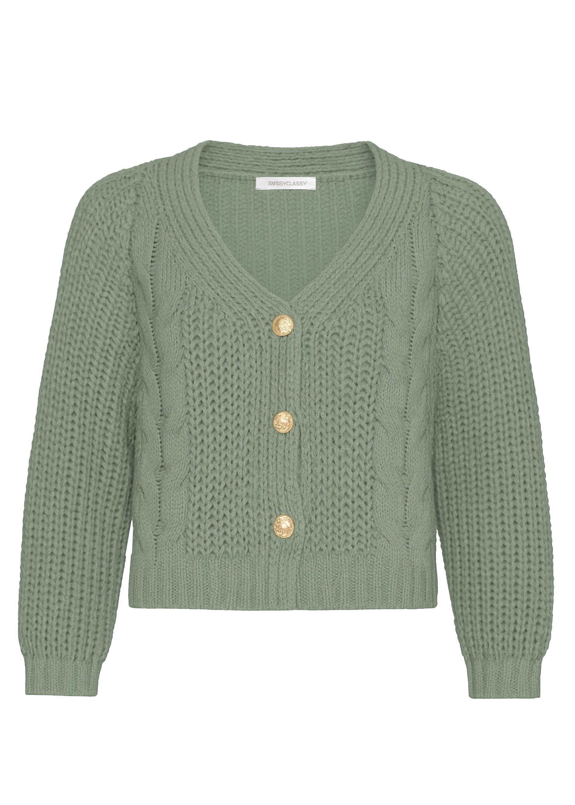 SASSYCLASSY Cardigan Zopfstrick-Cardigan mit Knopfleiste für Damen Lockerer Cardigan aus Strick im verkürzten Design Beige Rosa Grün