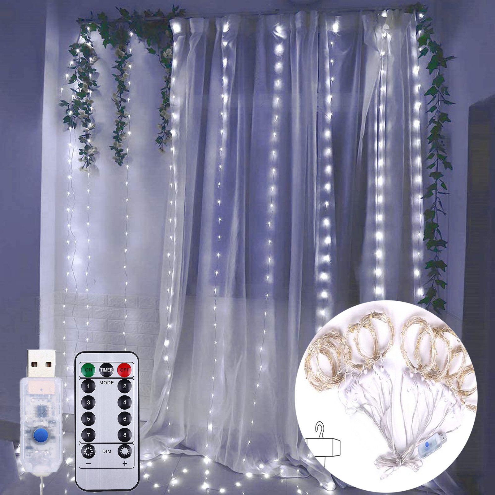 MUPOO LED-Lichtervorhang 3 M X 3 M 300 LED USB Lichterketten Vorhang, 8 Mod günstig online kaufen