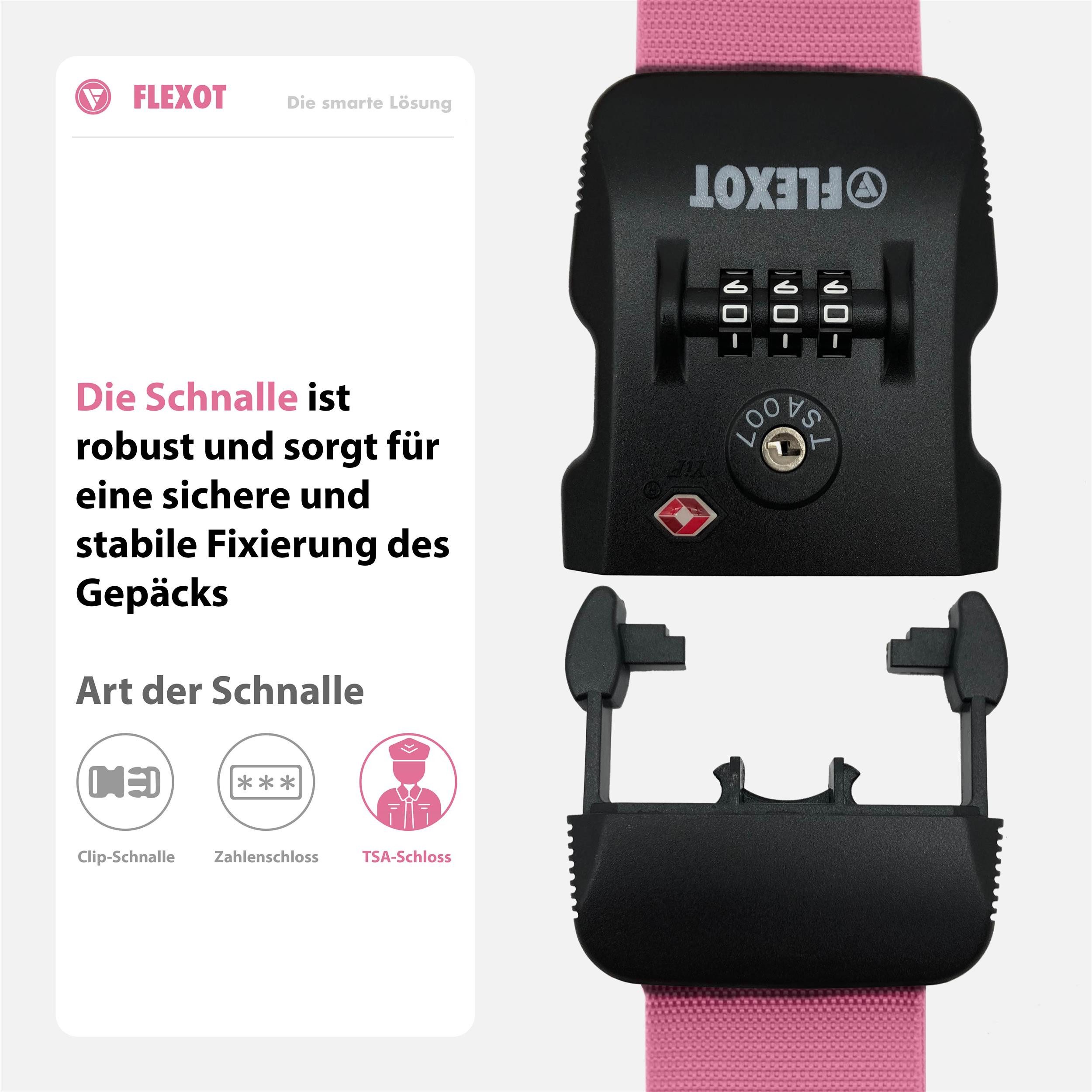 Flexot Koffergurt Koffergurt mit Zahlenschloss & TSA, verstellbare Länge, Namensschild, Flexibel anpassbarer und stabiler Gurt mit praktischer Schnalle