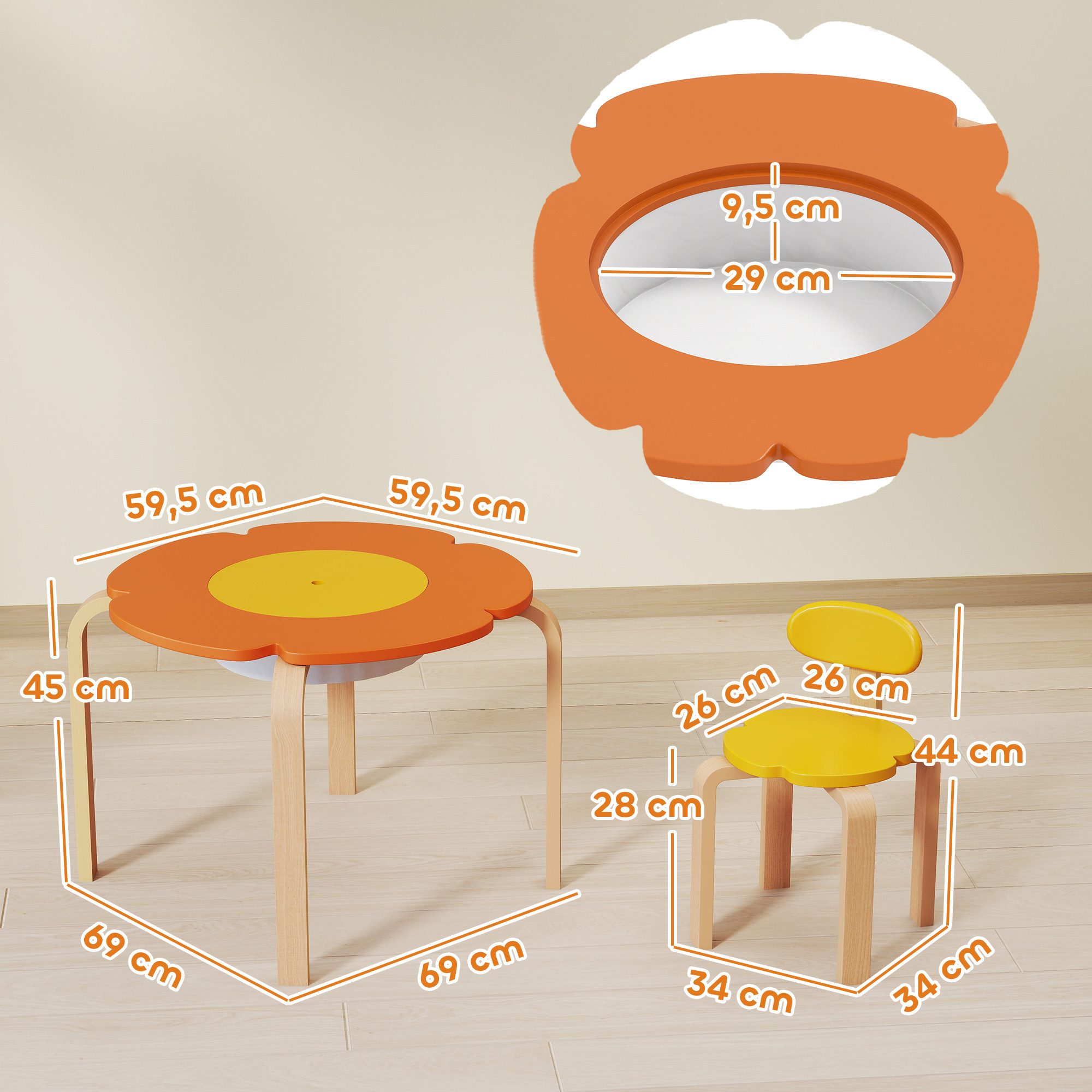 AIYAPLAY Kindersitzgruppe für Kinder von 3 bis 8 Jahren, (Kindermöbel, 5-tlg., 5-teiliges Set mit Tisch, Stühlen und Hockern), Blumenform, Mehrfarbig