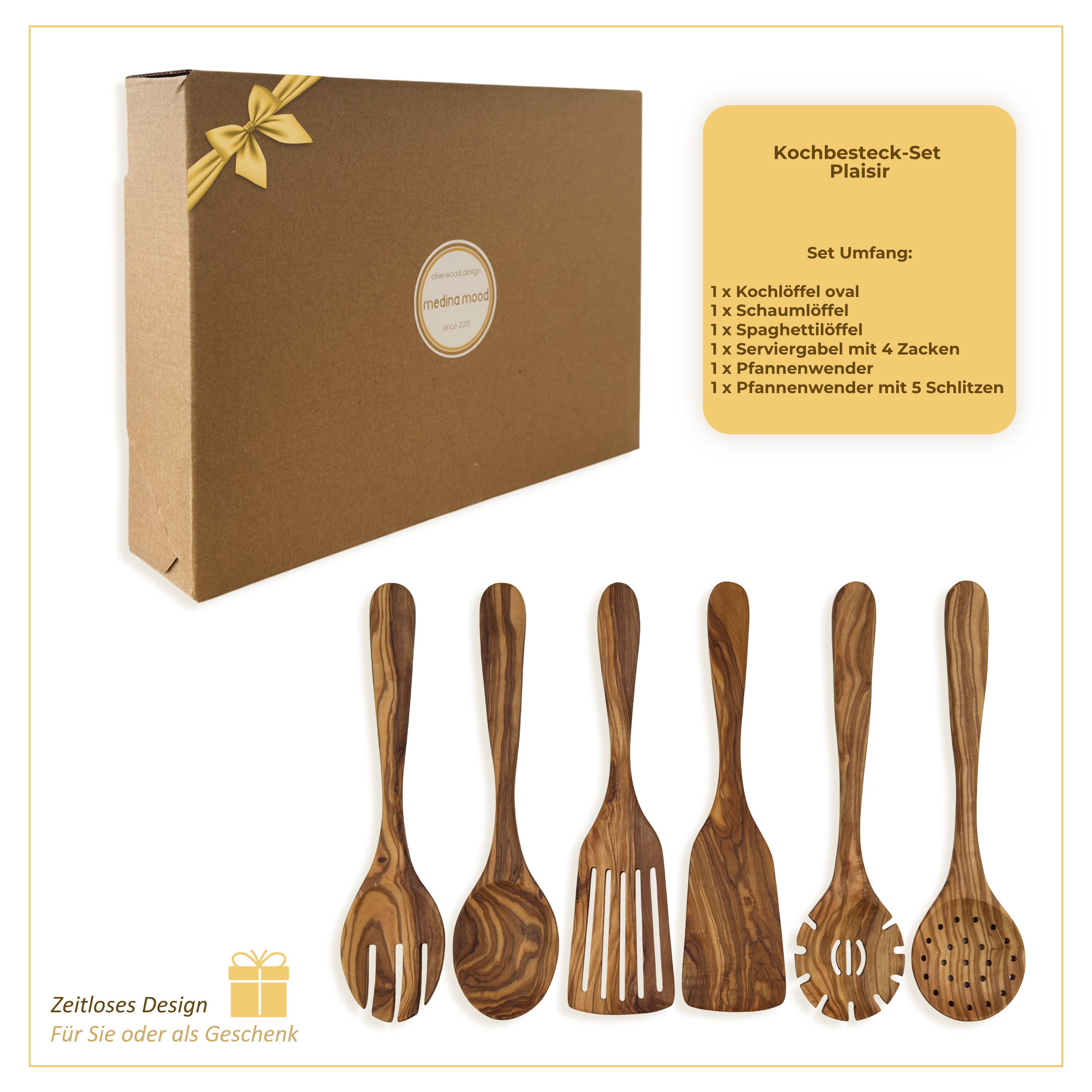 medina mood Kochbesteck-Set Küchenhelfer Set "Plaisir" L 30 cm 6-teilig aus Olivenholz (1-tlg)