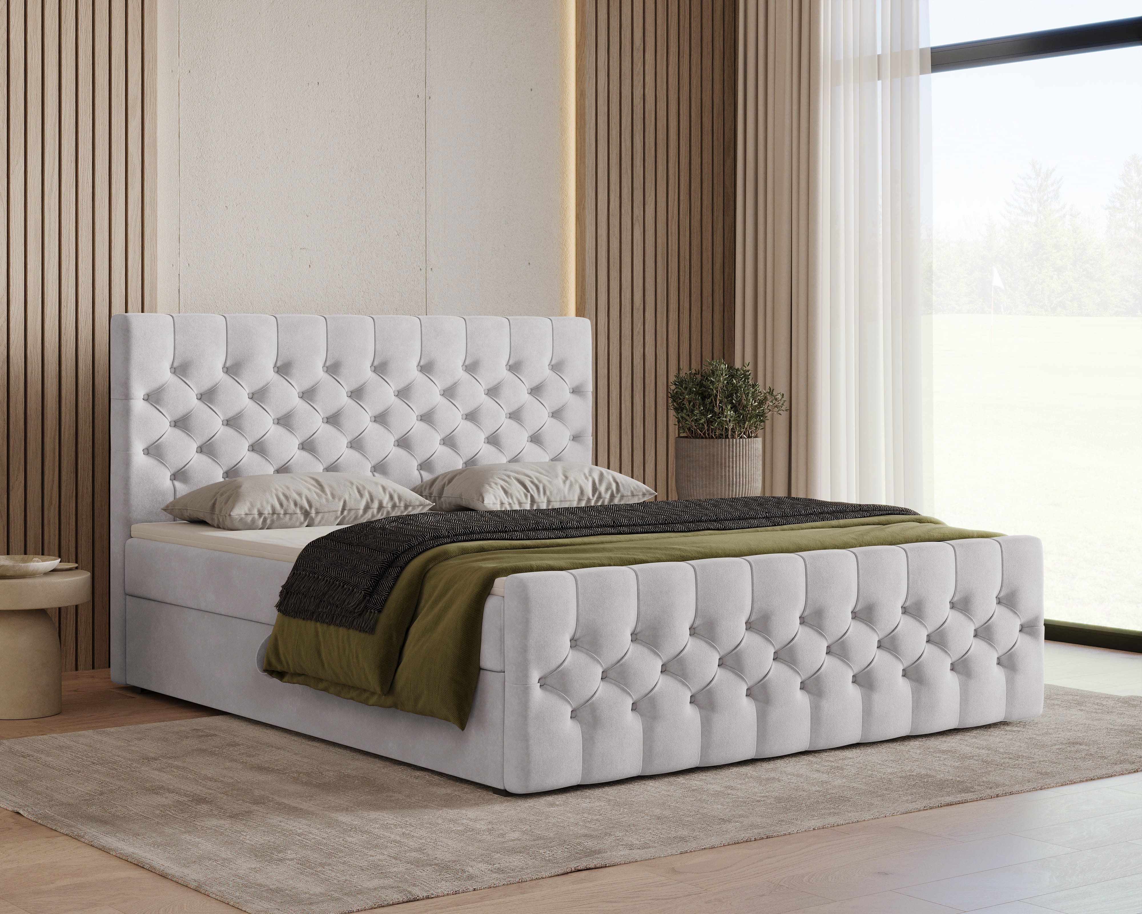 MOEBLO Boxspringbett Bett 12 (Luxusbett im Chesterfield-Design, 140x200 cm, Velours-Bezug, Hoher Schlafkomfort, modernes Velours-Design mit Steppung Polsterbett Kontinentalbett, dekorativem Kopfteil, aus Samt, Boxspringbett inklusive Topper und Bettkasten), (BxHxT):144/164/184x113x223 cm