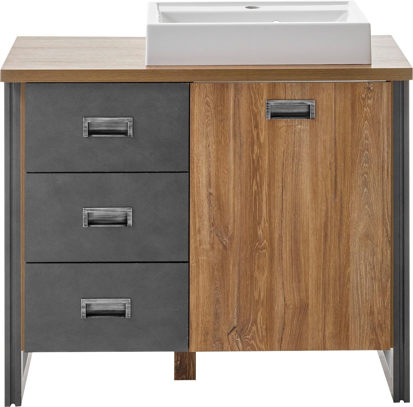 Home affaire Waschtisch Detroit, Unterschrank mit Apothekergriff, Badschrank, Industrialdesign, Eiche Dekor, mit Stauraum, inkl. Mineralguss-Waschbecken, Breite 91 cm