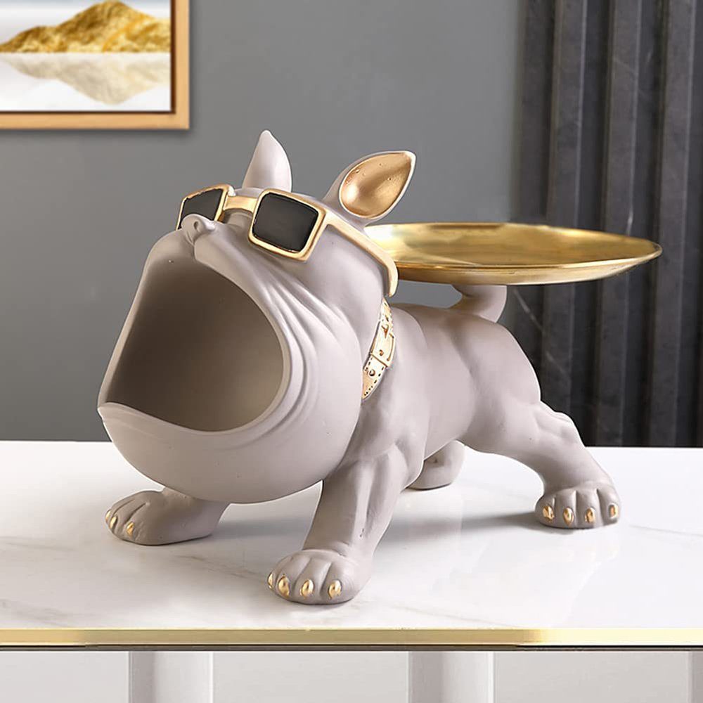 GelldG Dekofigur Bulldogge Tablett Französische Deko Bulldogge Dekofigur Tierskulptur