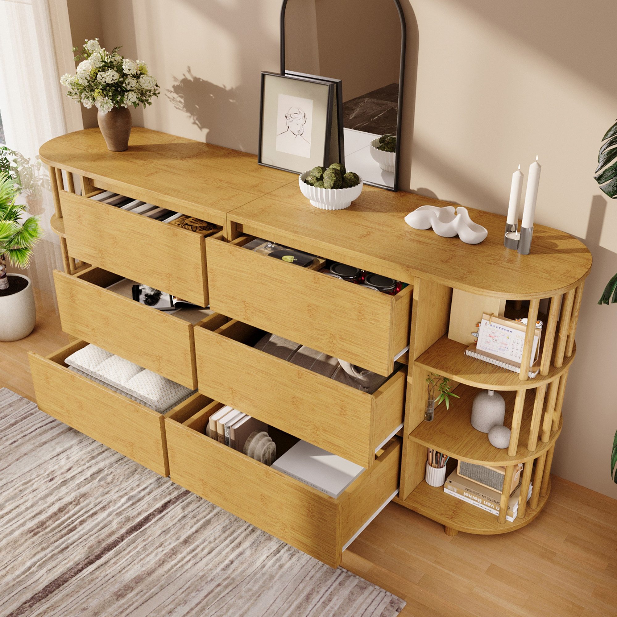 Flieks Kommode mit 6 Schubladen und offenen Regalen (Mit verstellbaren Fußpolstern, 1 St., H75/B160/T40 cm), oval Sideboard Mehrzweckschrank Holzschrank in Landhausstil
