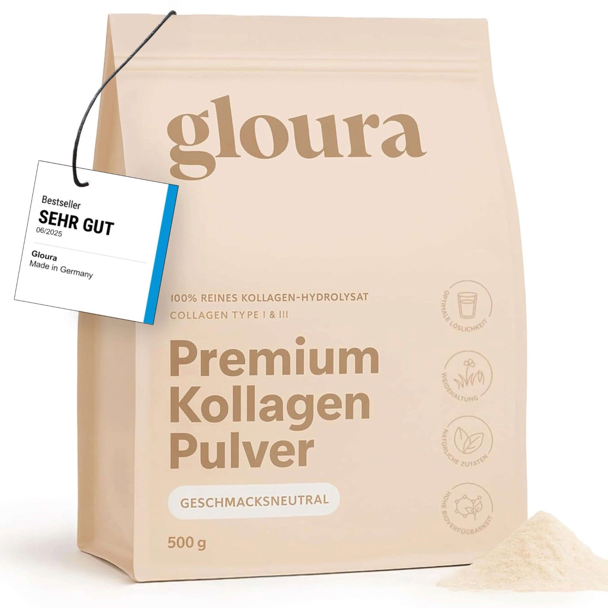 Gloura Gloura Premium Kollagen Hydrolysat Pulver (Typ 1 & 3) Pulver, 1 er 500 g, Frei von Zusatzstoffen, geschmacksneutral, gut löslich