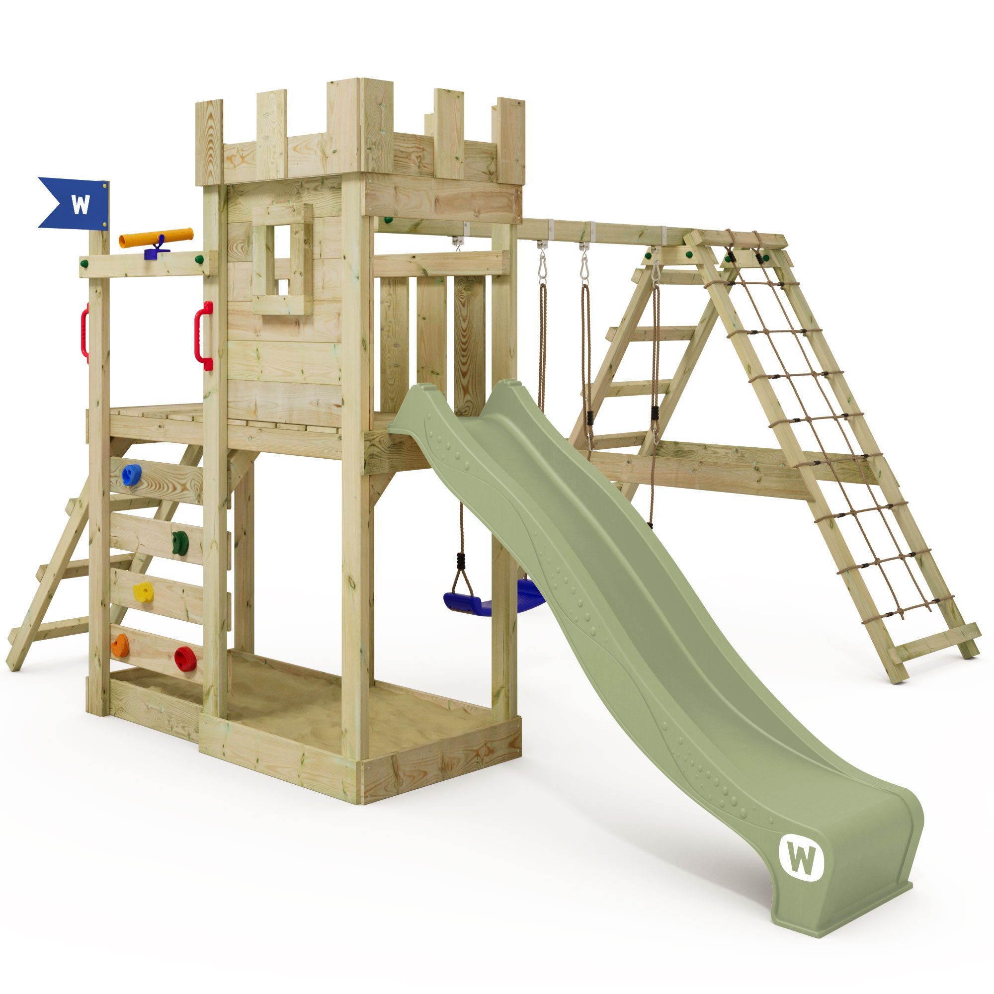 Wickey Klettergerüst GateFlyer Ritterburg-Spielturm mit Schaukel und Wasserrutsche, (Outdoor-Spielhaus mit Fenster für fantasievolles Spielen, Unvergessliche Erlebnisse für Kinder – Erweiterbar mit Zubehör), Perfekt für kleine Abenteurer – 10 Jahre Garantie*