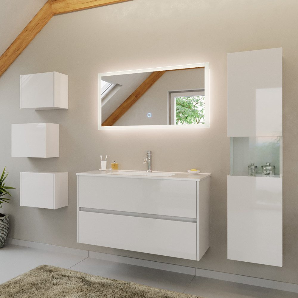 Lomadox Badmöbel-Set LIVIGNO-02, (Spar-Set, 6-St., LED-Spiegel Waschtisch Hochschrank Hängeschränke), in weiß Hochglanz mit LED-Beleuchtung