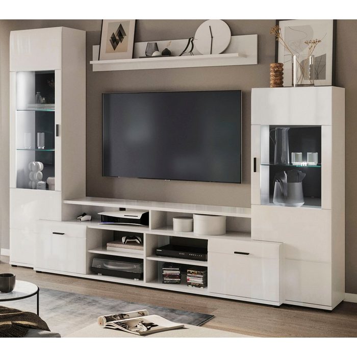 xonox.home Wohnwand Faro (Schrankwand in weiß mit 2 Vitrinen 269 x 202 cm) inklusive TV-Podest Hochglanz