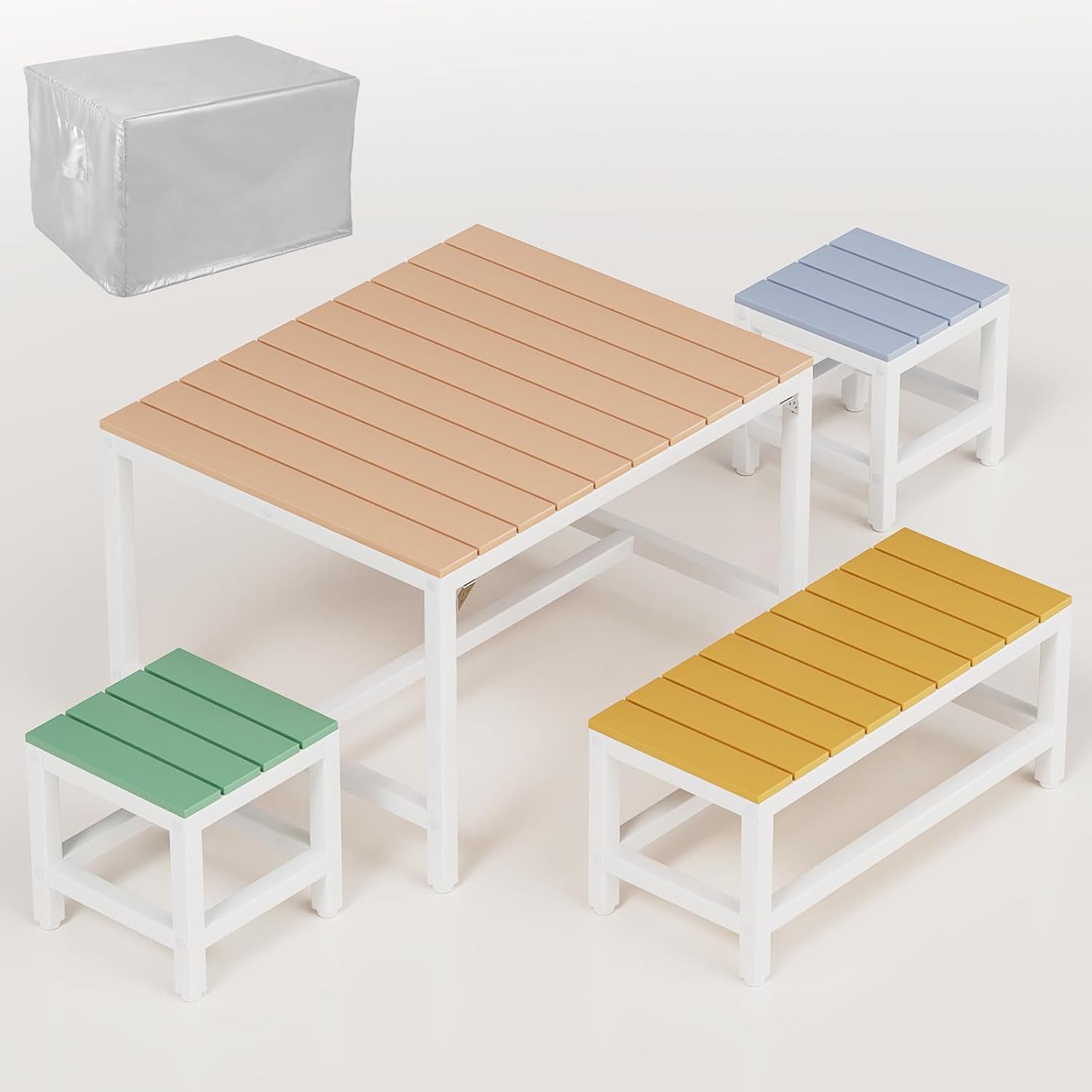 TLGREEN Garten-Kindersitzgruppe aus Hochwertigem Pappelholz – Mit Wasserdichter Abdeckung, (Kinder Garten Set 4-tlg, Robustes Tisch mit Bänken & Hocker für Terrasse, Garten & Balkon), Outdoor & Indoor Kindermöbel für Picknick, Malen & Spielen