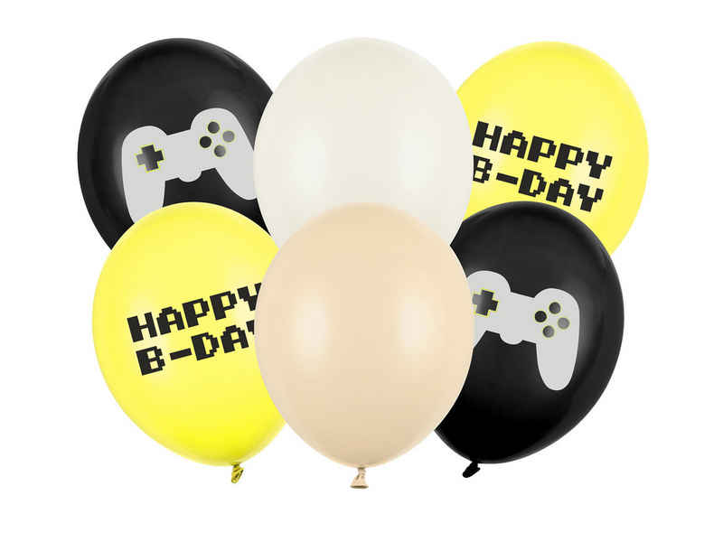 partydeco Latexballon, Luftballons Happy Birthday Gamer 30cm Schwarz / Gelb 6er Set