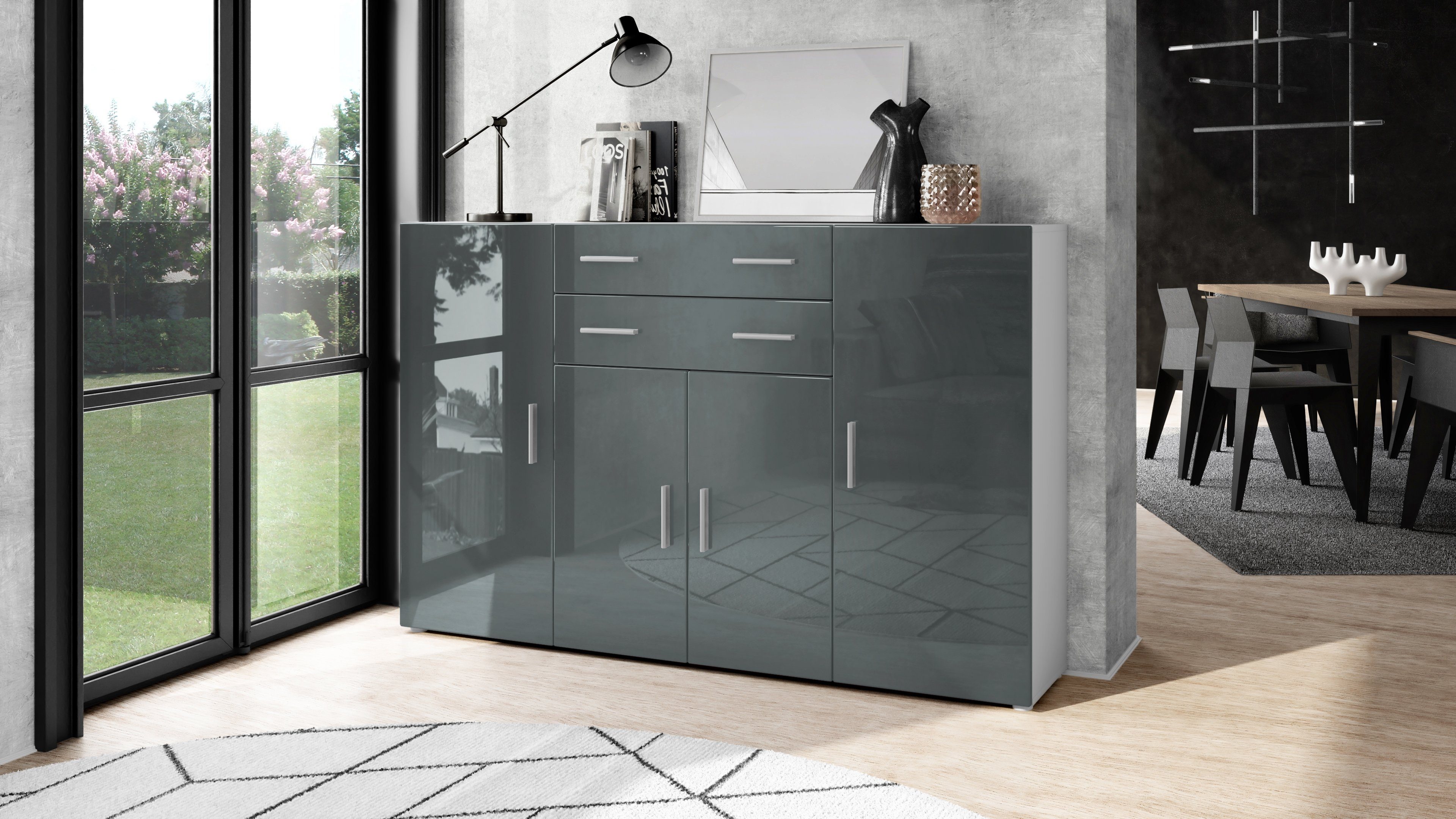 Vladon Highboard Aron (Anrichte, mit 4 Türen und 2 Schubladen), Weiß matt/Grau Hochglanz (166,5 x 106,5 x 35 cm)