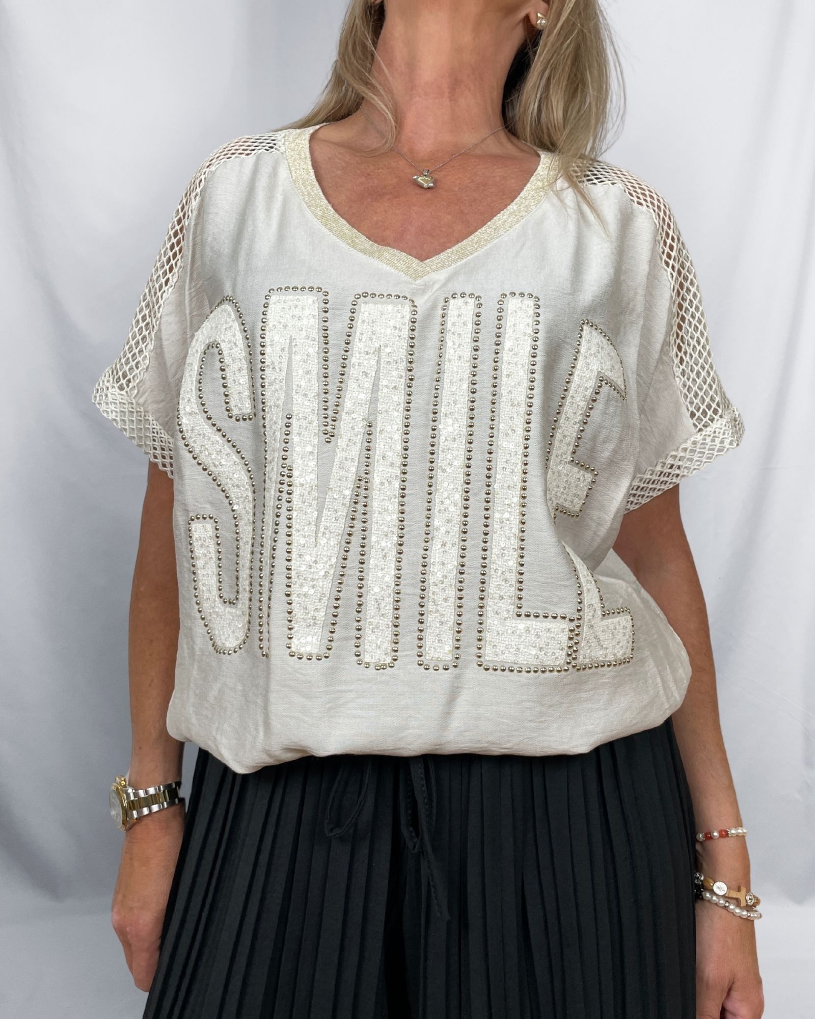 ITALY VIBES T-Shirt SMILE - Shirt Kurzarm - Meshshirt - Strassdetail - T-Shirt Damen Größe: ONE SIZE (empfohlen für Gr. 36?42 / S?XL)