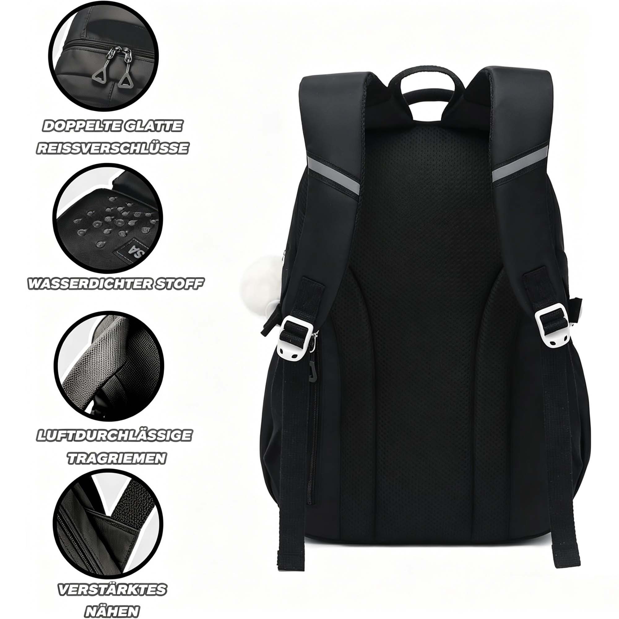 MOPUEA Schulrucksack Schulrucksack 3-teilig Set reflektierend große Kapazität ergonomisch (3-teiliges Set, löst Problem fehlender passender Zubehörteile, Rucksack, Tasche, Mäppchen für organisierten Alltag), Wasserabweisend, bequem, viel Stauraum, reflektierend