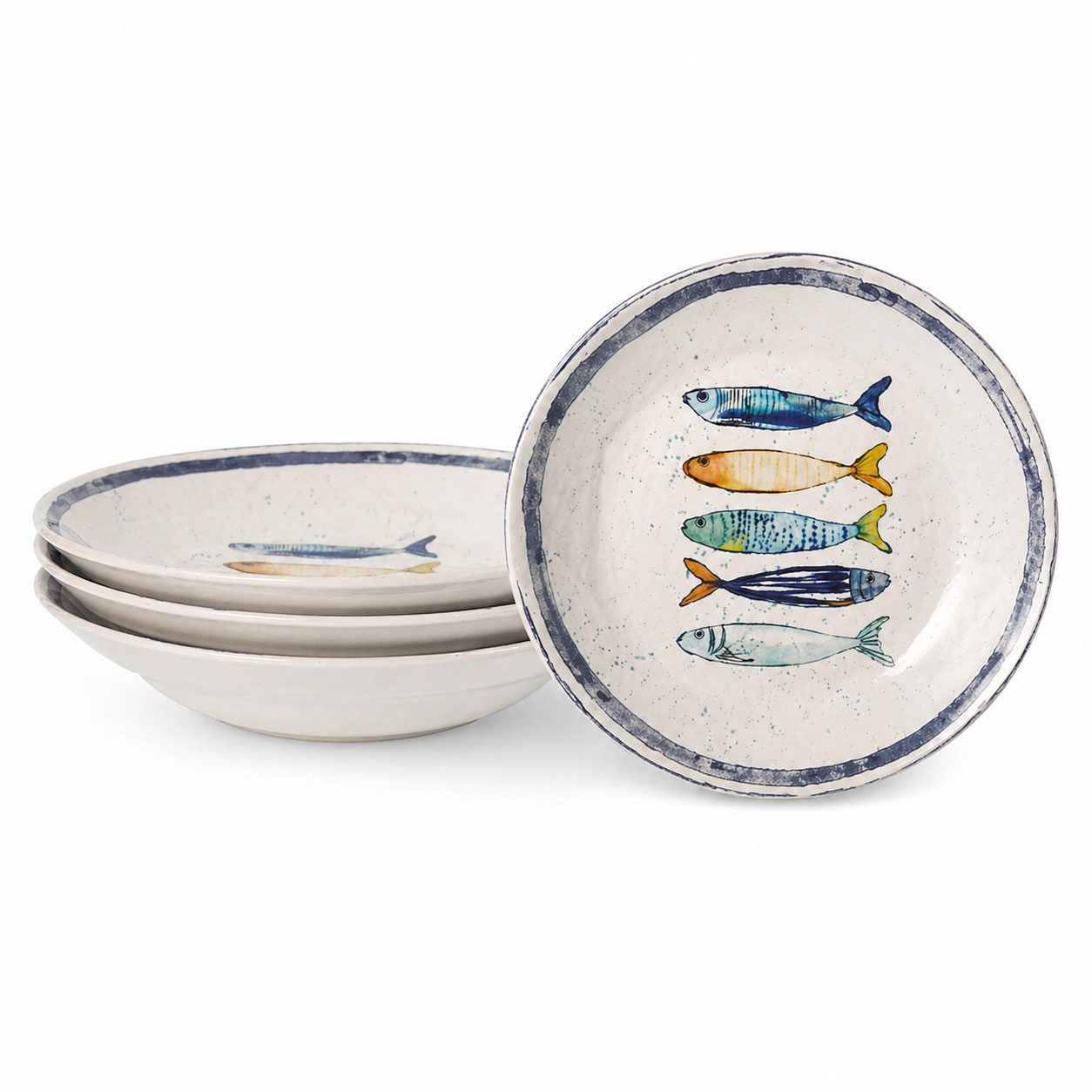 WestCraft Speiseteller Teller, mediterran mit Sardinen-Motiv, Maritime Pastateller 29 cm, (4 St), 4er Set, hochwertig und robust - langlebig und vielseitig einsetzbar