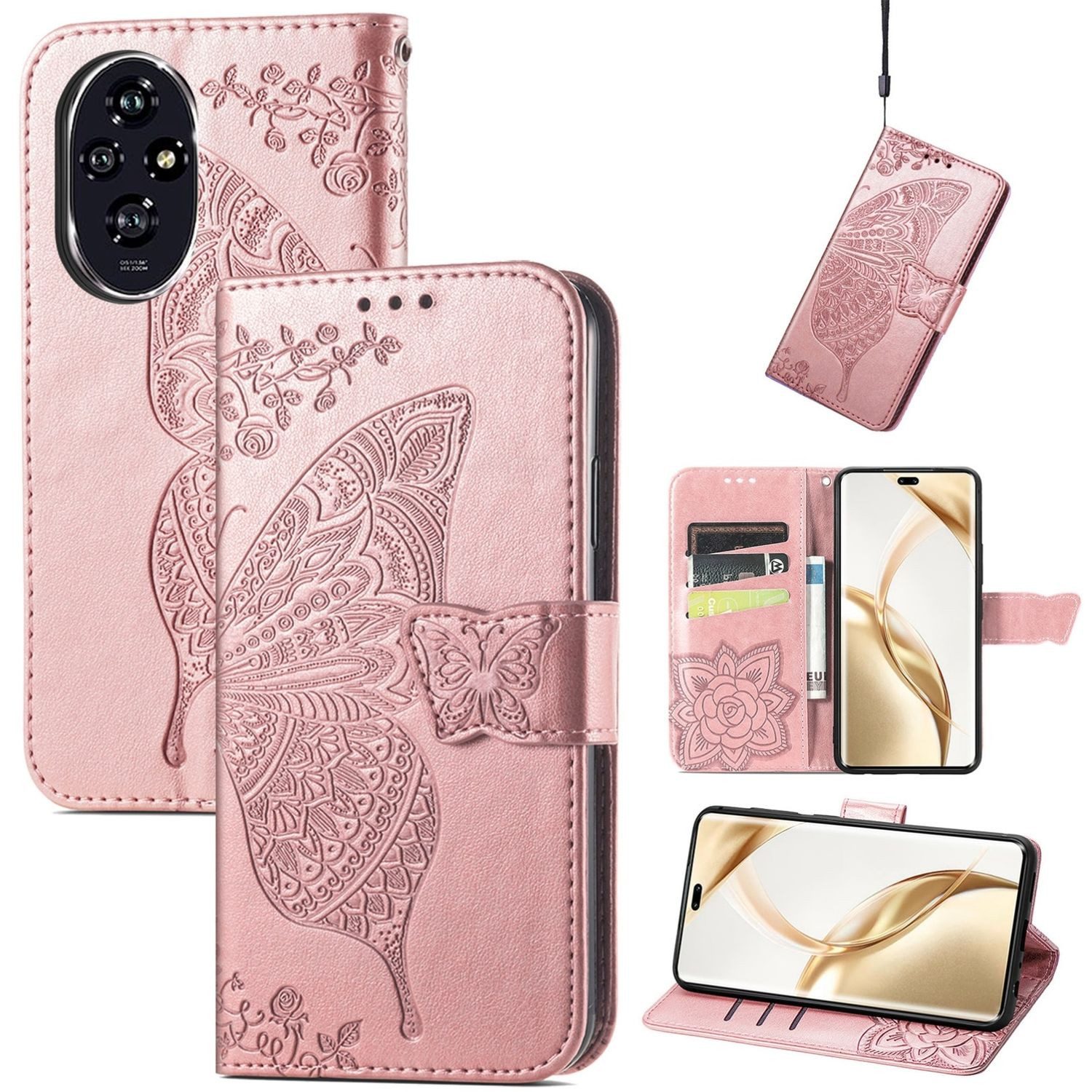 Wigento Smartphone-Hülle Für Honor 200 Pro Kunstleder Wallet Tasche Design Schmetterling Rosa, Kunst-Leder Schutzhülle Smart Case Cover magnetischer Verschluss