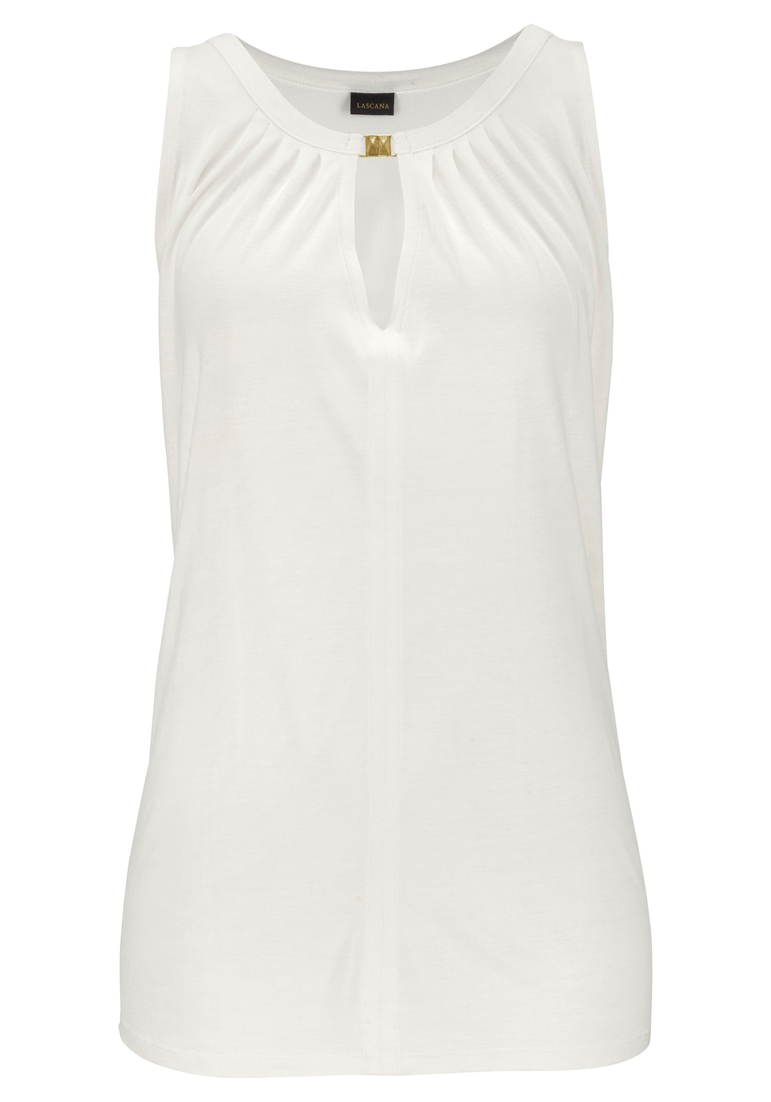 LASCANA Tanktop mit goldfarbenem Zieraccessoire vorne lockeres Sommertop aus Viskose, lässiges Jerseytop, Trägertop, casual – Bild 2 von 5