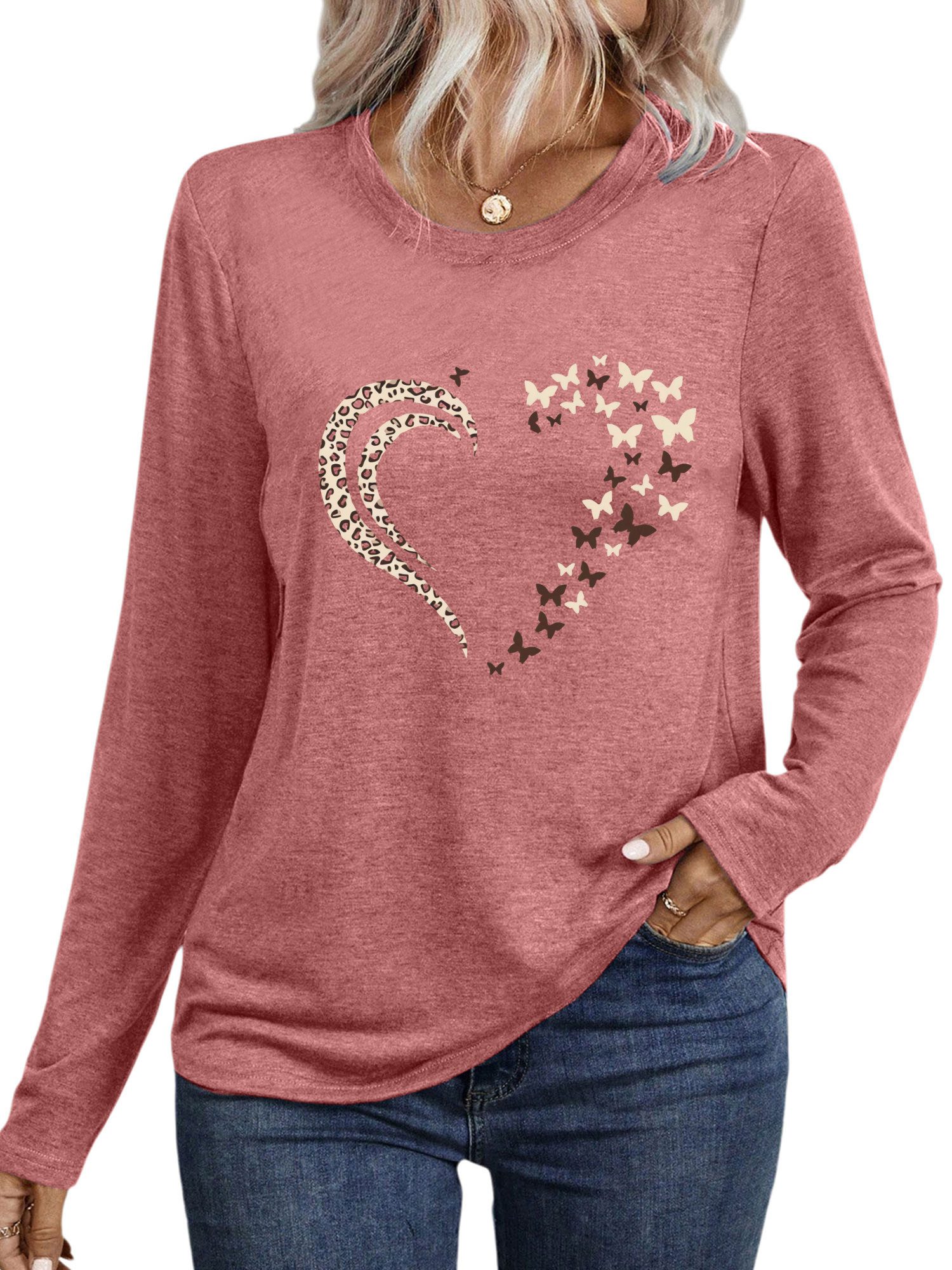 PYLIKE Langarmshirt Damen Rundhalsausschnitt Longsleeve mit Leopardenmuster günstig online kaufen