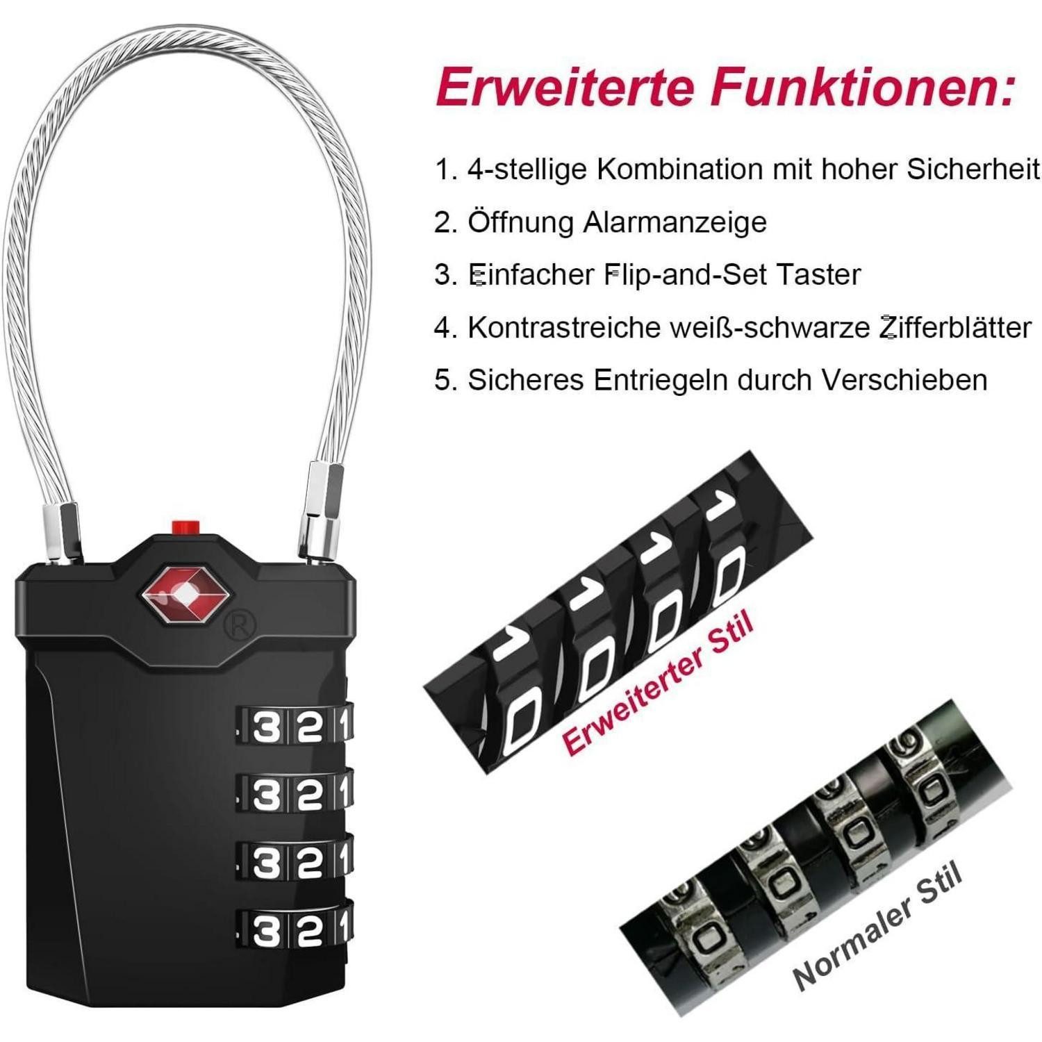 LuxusKollektion TSA-Vorhängeschloss Zahlenschloss Kabelschloss Gepäckschlösser (2 Stücke, Schwarz und