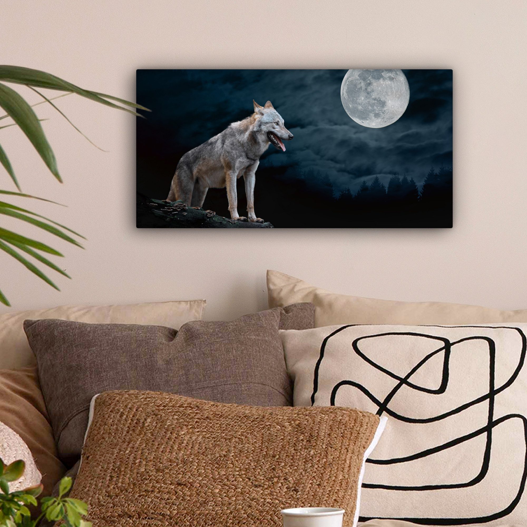 OneMillionCanvasses® Leinwandbild Panorama Wolf - Mond günstig online kaufen