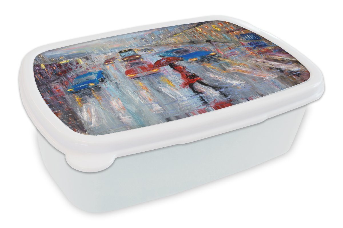 MuchoWow Lunchbox Gemälde - Öl - Auto - Zebrastreifen, Kunststoff, (2-tlg), Brotbox für Kinder und Erwachsene, Brotdose, für Jungs und Mädchen weiß