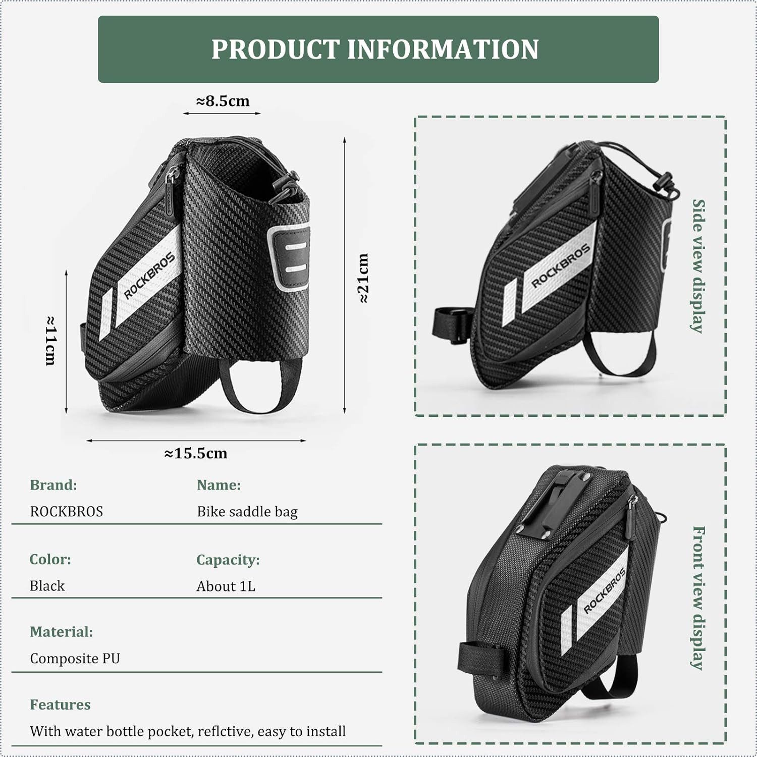 ROCKBROS Fahrradtasche Fahrradsatteltasche mit Flaschenhalter, ca. 1L, Reflektierend Fahrradsitz Tasche für MTB, Rennrad, Faltrad