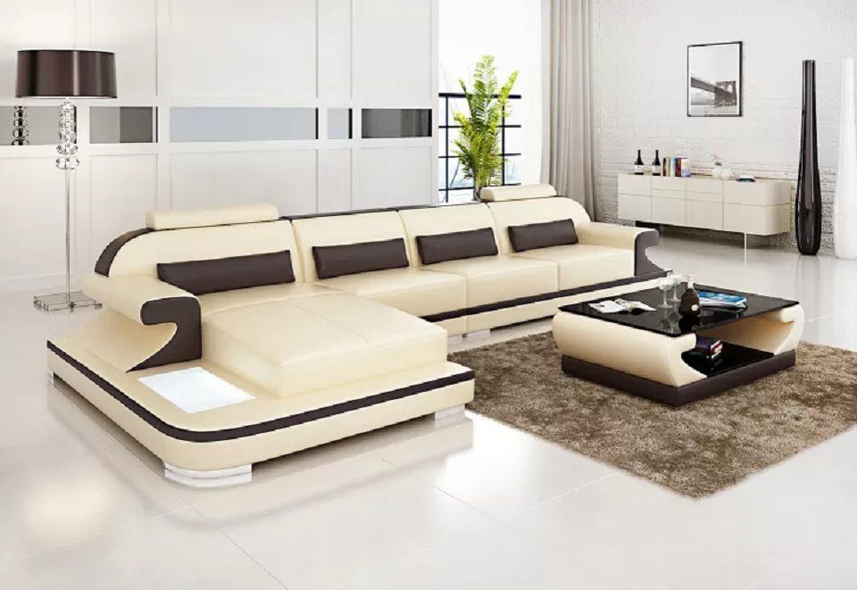 JVmoebel Ecksofa Ledersofa Eckcouch Polstergarnitur Sofa Polster Couch Wohnlandschaft, Weißes Ecksofa mit LED Beleuchtung Beige/Braun