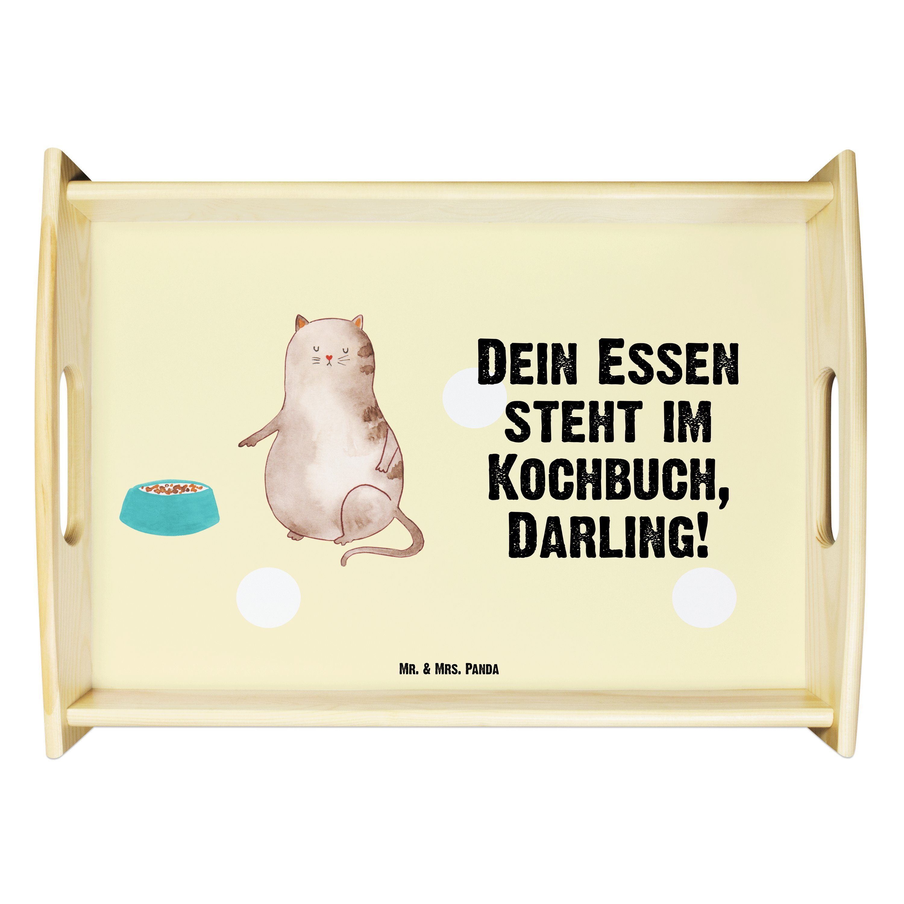 Mr. & Mrs. Panda Tablett Katze fressen - Gelb Pastell - Geschenk, Katzenmotive, Katzenliebhabe, Echtholz lasiert, (1-tlg)