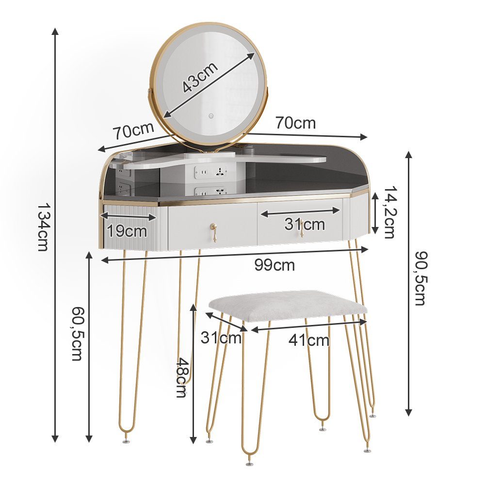 Vicco Schminktisch Amira, Weiß Hochglanz/Grau, 99cm mit LED Spiegel, Hocker und USB