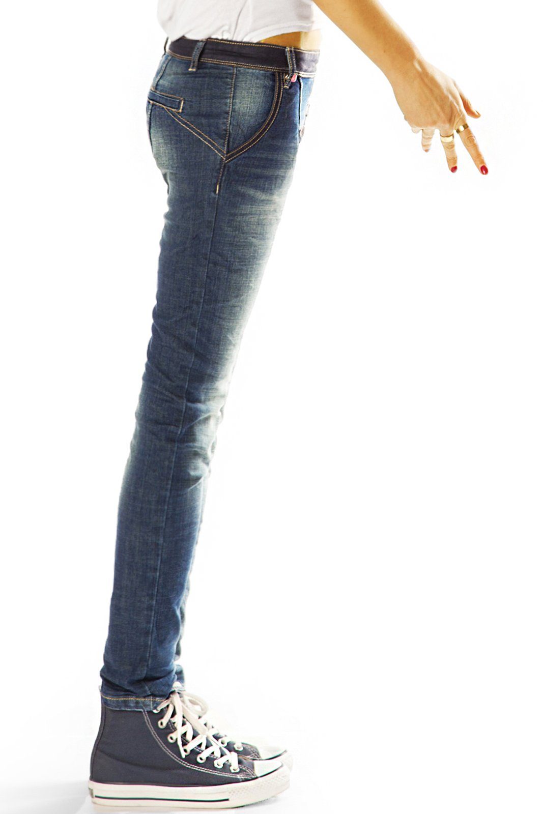 low fit Hüftjeans Slim Damen waist, mit be Knopfleiste, Low-rise-Jeans Stretch-Anteil, styled asymmetrischer hüftig, Ziernähte - schräge mit lange Knopfleiste j15L -