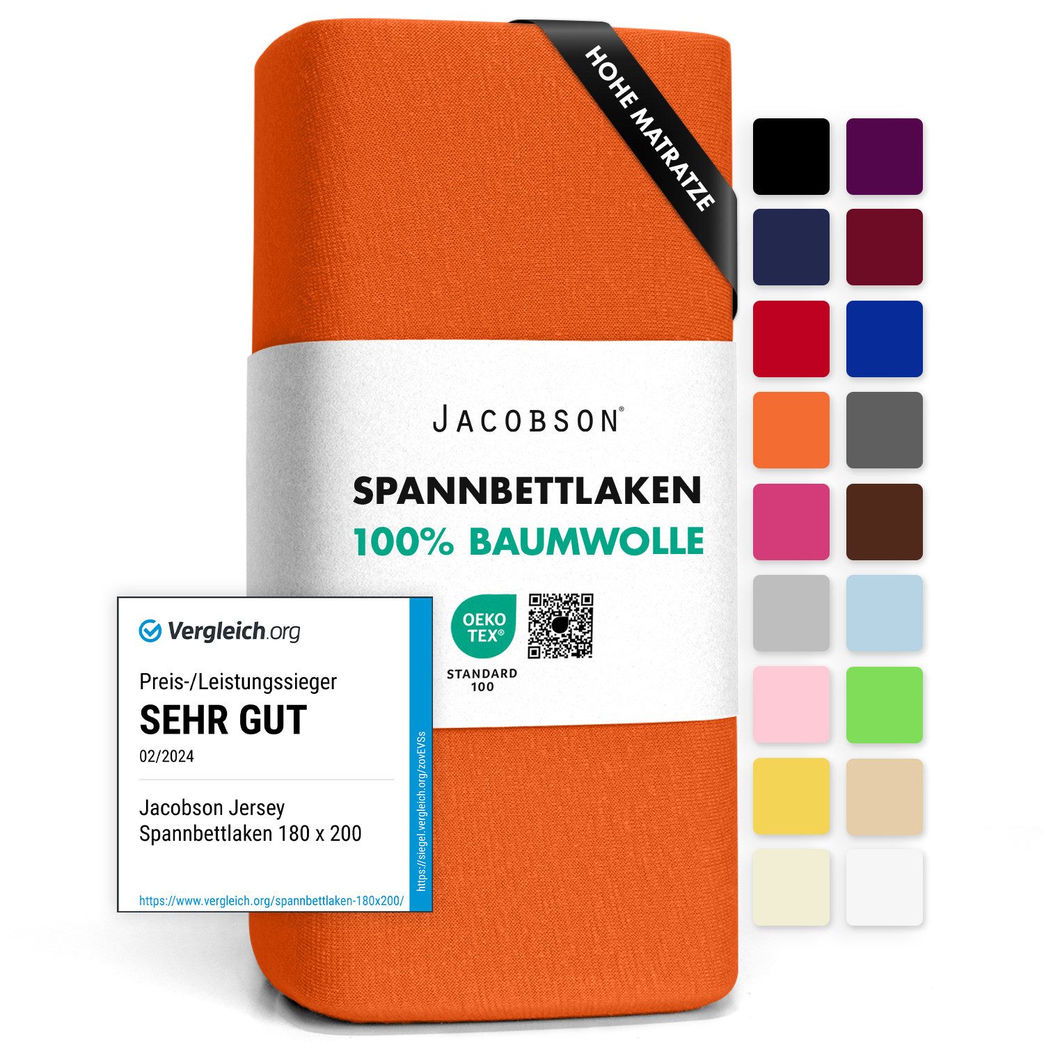 Jacobson Spannbettlaken BOXSPRING & ÜBERLÄNGE aus 100% Baumwolle, für hohe & lange Matratzen, Jersey Bettlaken 160 g/m²