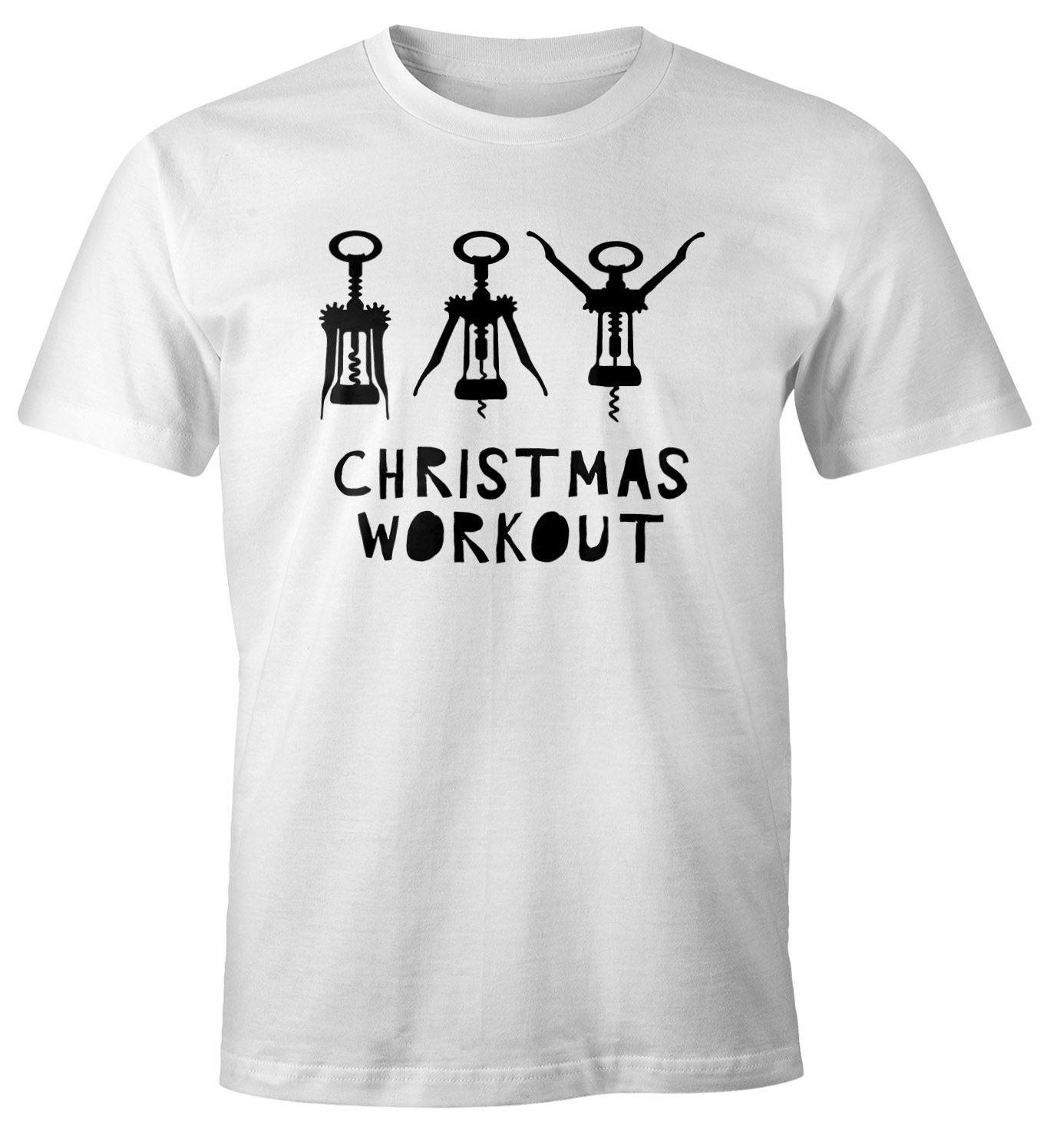 MoonWorks Print-Shirt Herren T-Shirt Weihnachten lustig Christmas Workout Flaschenöffner Korkenzieher Wein trinken Fun-Shirt Moonworks® mit Print weiß