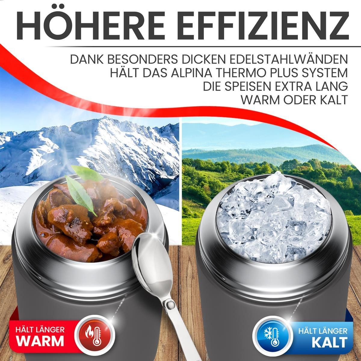 Alpina Thermobecher Thermobehälter Thermo Becher Essensbehälter Lunchbox 530 ml, Edelstahl, mit Druckausgleich und faltbarem Löffel hält extra lange warm/kalt – Bild 5 von 5