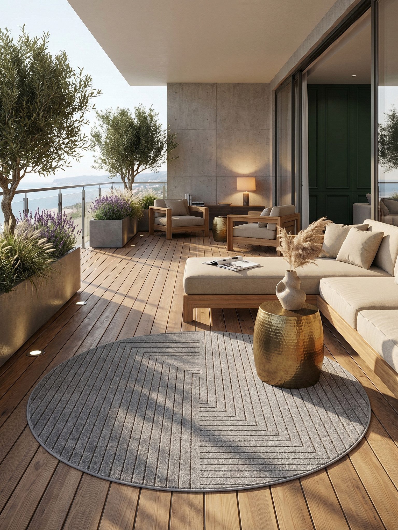 KADIMA DESIGN Teppich ENGADIN Balkon Waschbar Strapazierfähig Balkonteppich Modern 3D, Rund, Höhe: 7 mm, Silber, 80x80 cm, Outdoor Kurzflorteppich Terrasse Wohnzimmerteppich