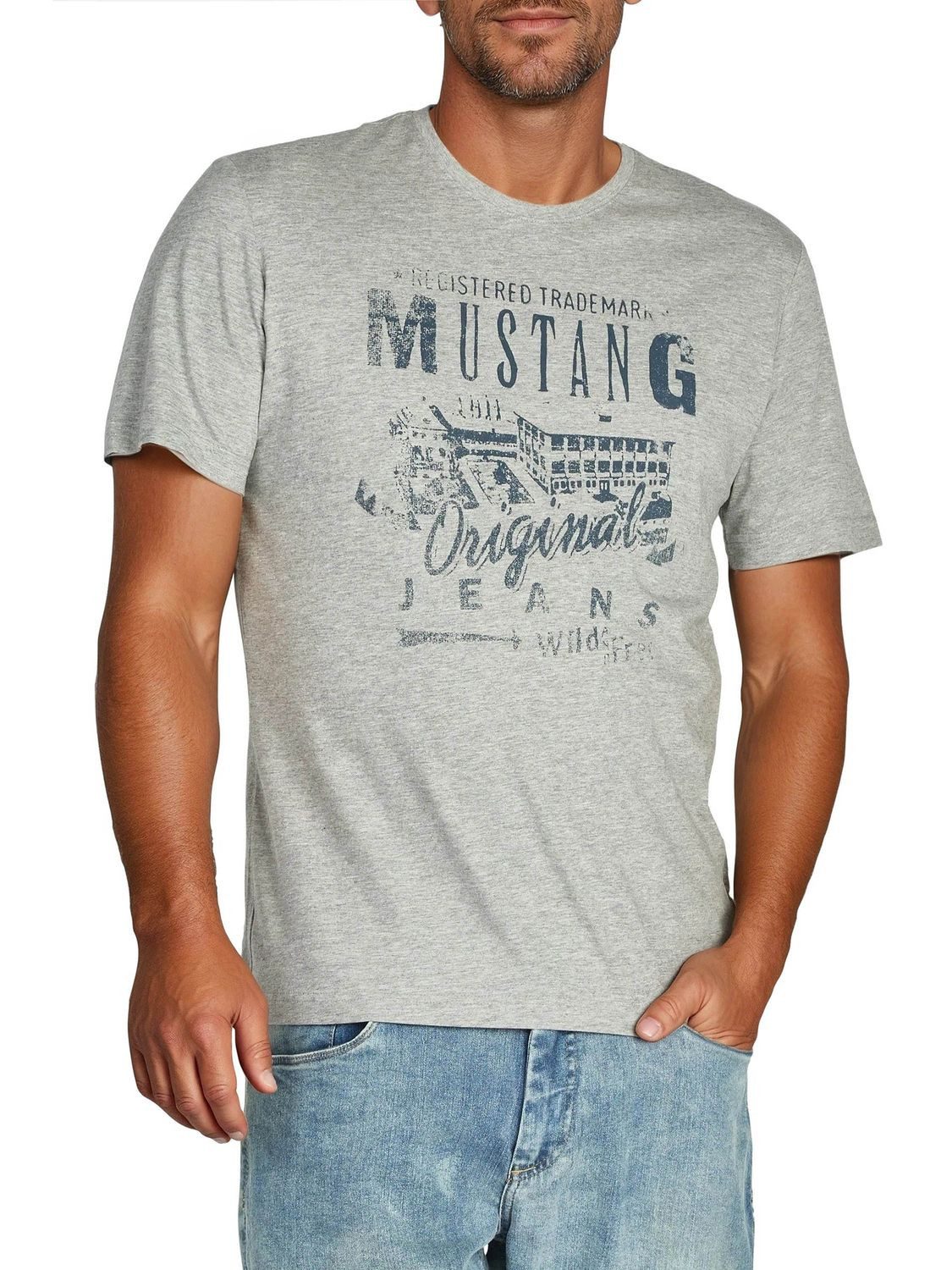 MUSTANG T-Shirt Herren Printshirt Regular Fit (1-tlg) Kurzarm Tee Shirt mit Rundhalsausschnitt aus 100% Baumwolle