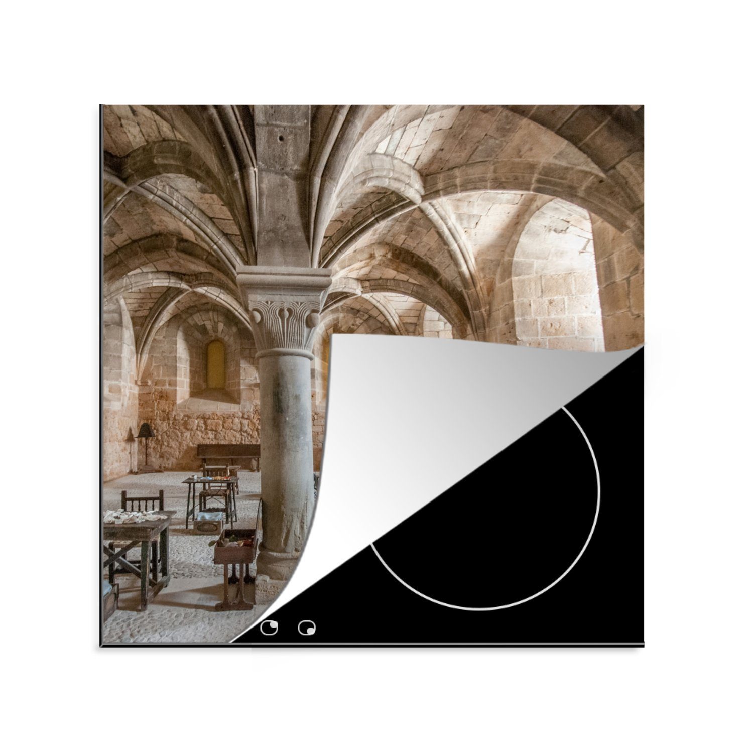78x78 für einem Vinyl, Arbeitsplatte Speisesaal Kloster, (1 tlg), MuchoWow in cm, küche Herdblende-/Abdeckplatte Ceranfeldabdeckung, spanischen