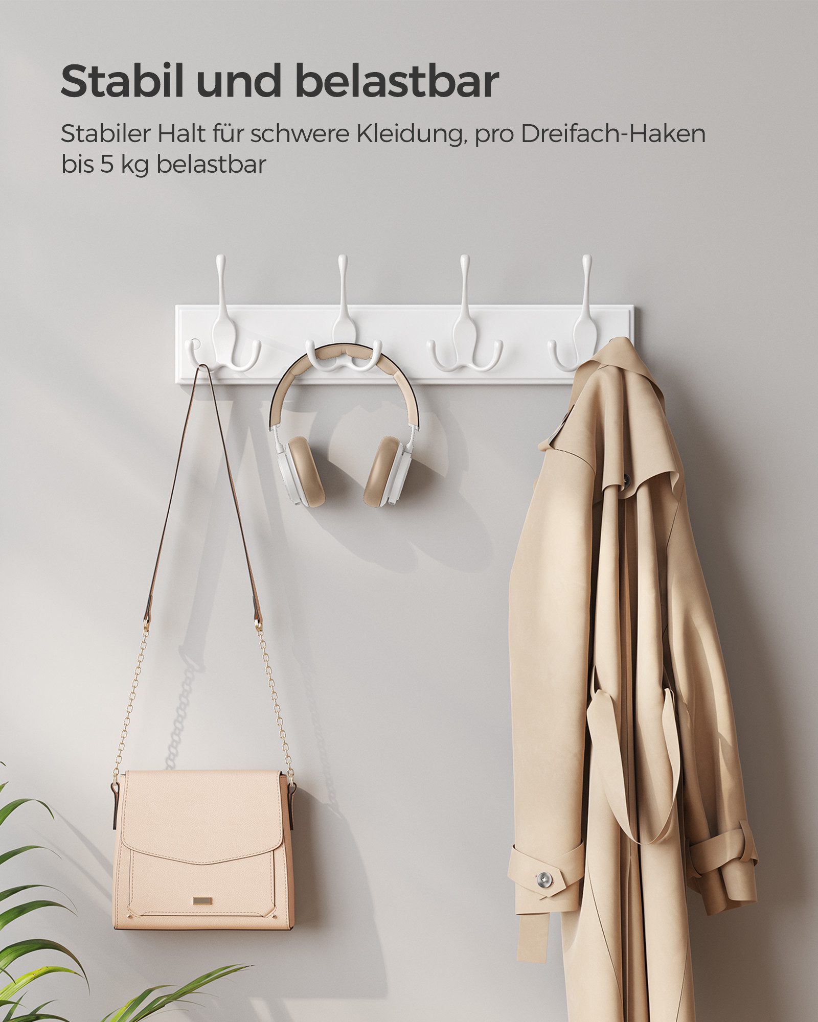 SONGMICS Wandgarderobe Garderobenleiste, Hakenleiste für Kleidung, Taschen, vormontiert, weiß (1er Set), 4 Dreifach-Kleiderhaken, 40 x 11 x 7 cm (L x B x H) – Bild 4 von 5