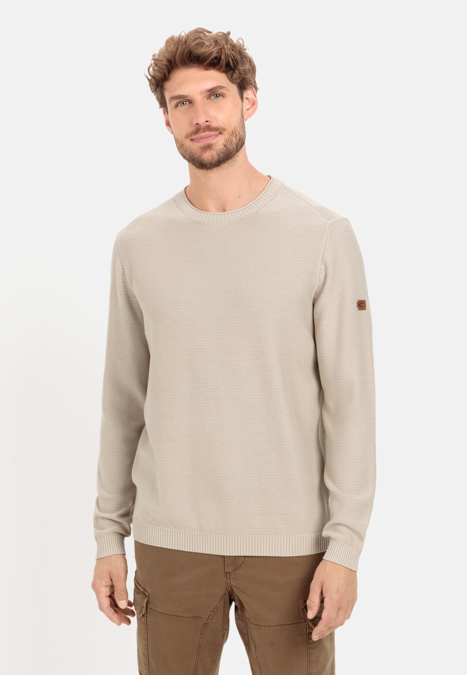 camel active Strickpullover aus Organic Cotton Leder-Brandlabel Beige | Sweatshirts