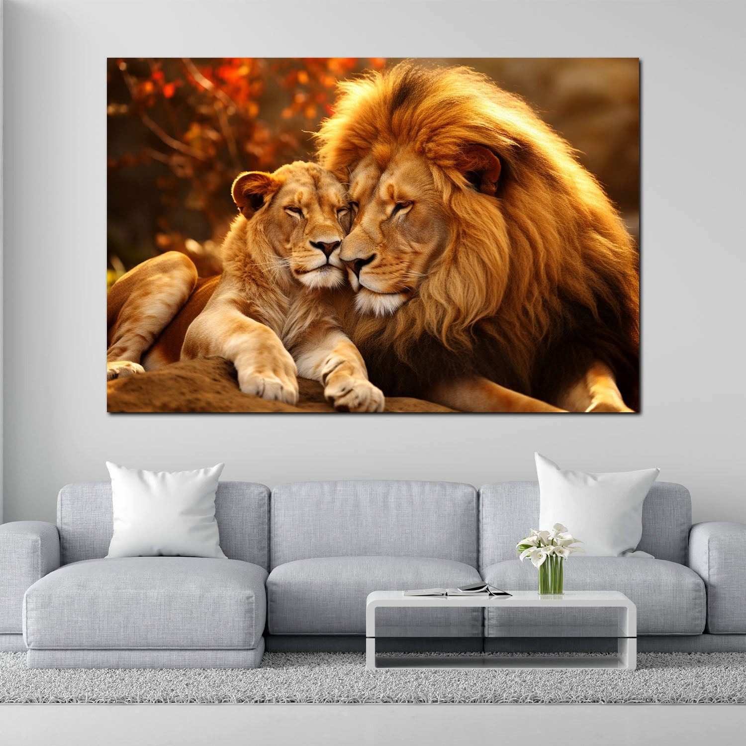 Artedinoi Leinwandbild Löwenpaar Sonnenuntergang Liebe warm Leinwandbild Kunstdruck XL Deko, Löwenpaar im Sonnenuntergang