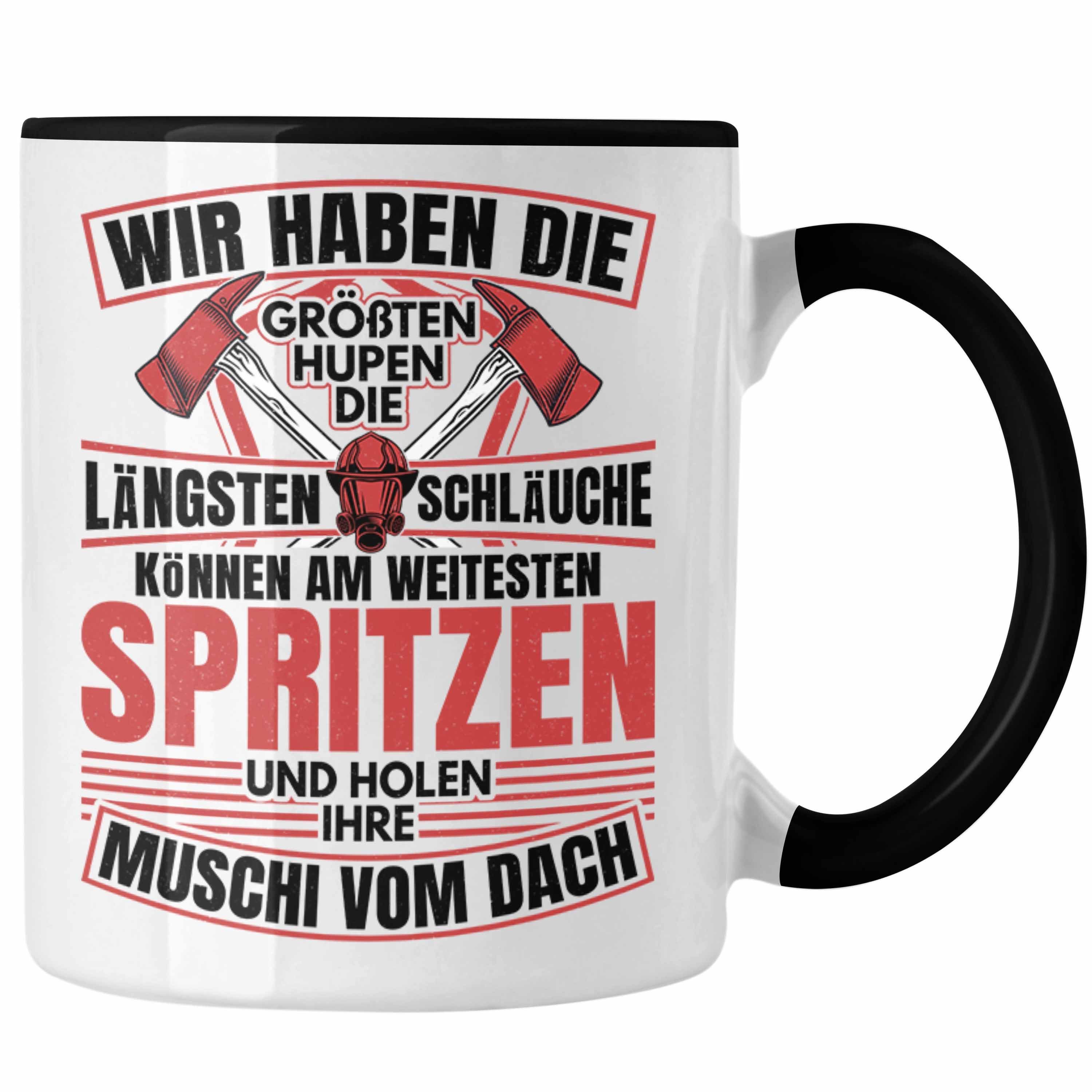 Trendation Tasse Trendation - Feuerwehr Spruch Geschenk Tasse Feuerwehrmann Geschenkidee Lustig Männer Wir Haben Die Längsten Schläuche