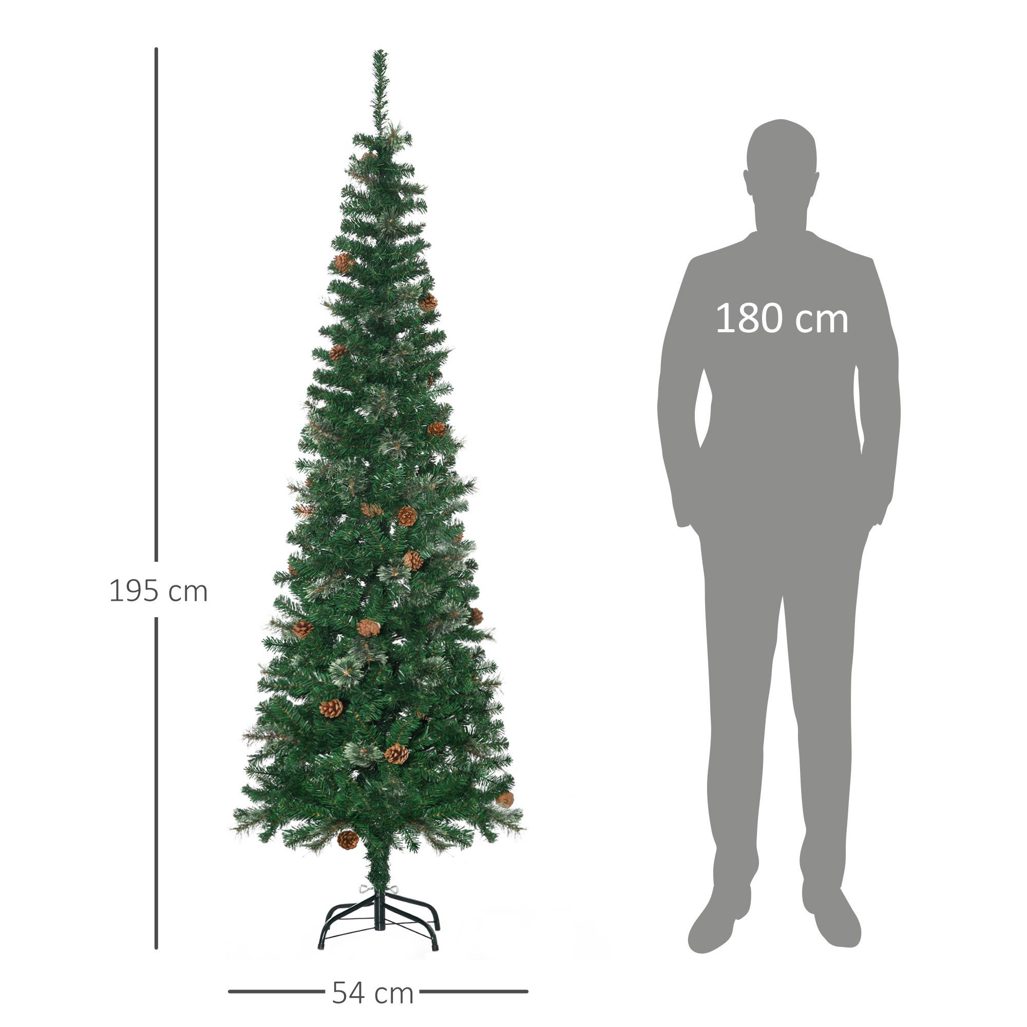 HOMCOM Künstlicher Weihnachtsbaum 195 cm Christbaum mit 556 Spitzen, 25 Zapfen, klappbar Metallständer, Tanne, für Weihnachten Deko, grün