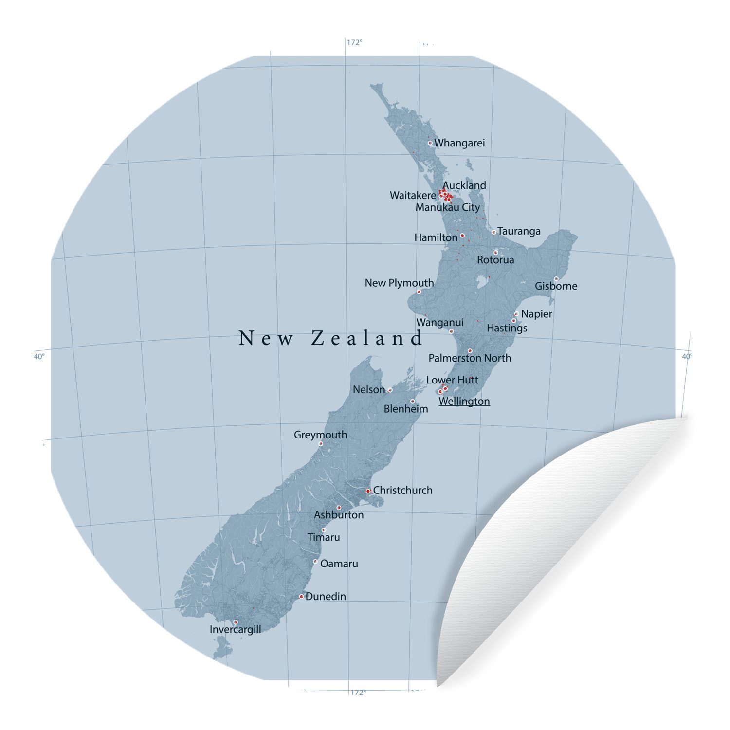 MuchoWow Wandsticker Eine Illustration einer hellblauen Karte von Neuseeland (1 St), Tapetenkreis für Kinderzimmer, Tapetenaufkleber, Rund, Wohnzimmer