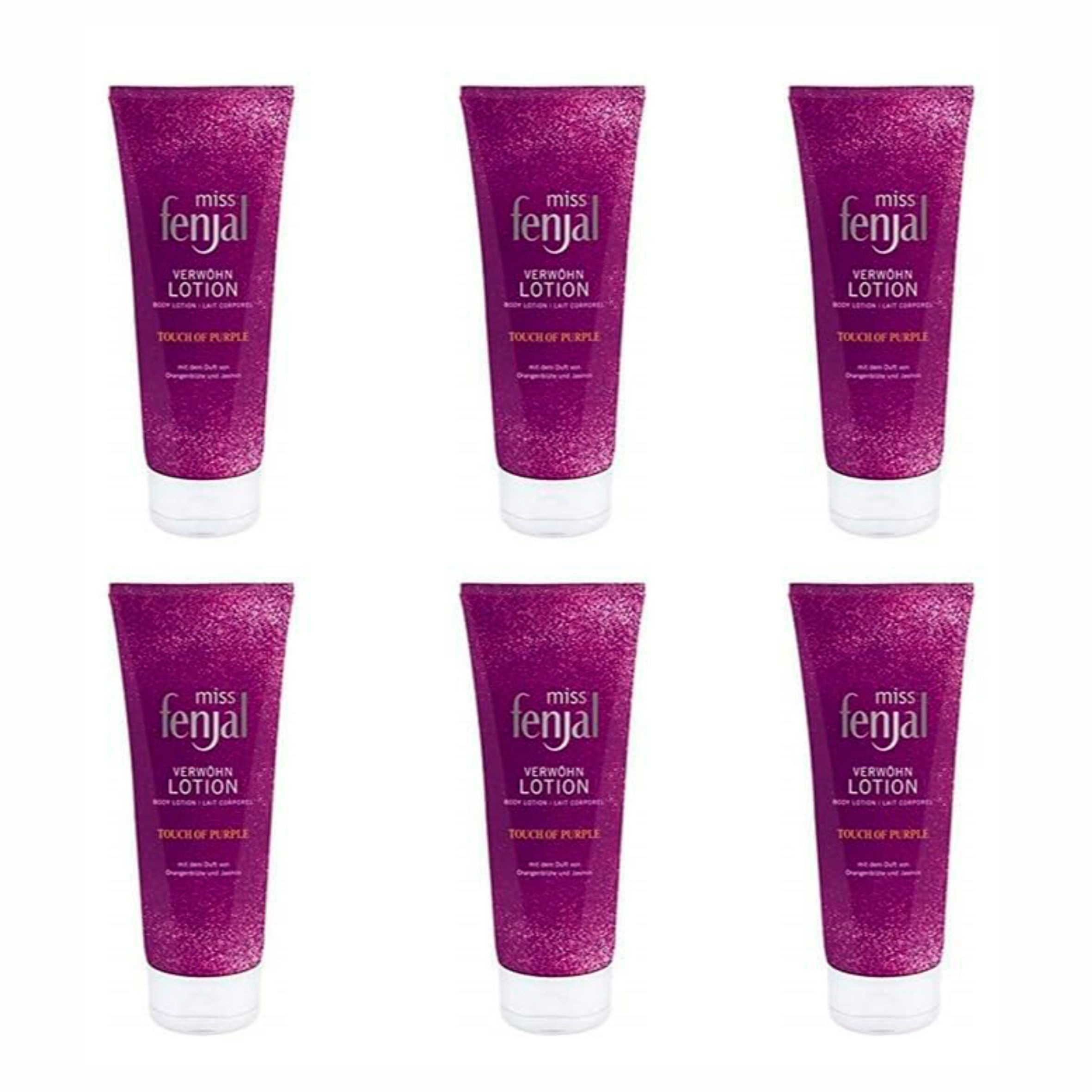 Fenjal Bodylotion 6x miss fenjal Touch of Purple Body Lotion die Pflegelotion 200ml, 6-tlg., Verwöhn Lotion mit Duft von Orangenblüte & Jasmin für normale Haut