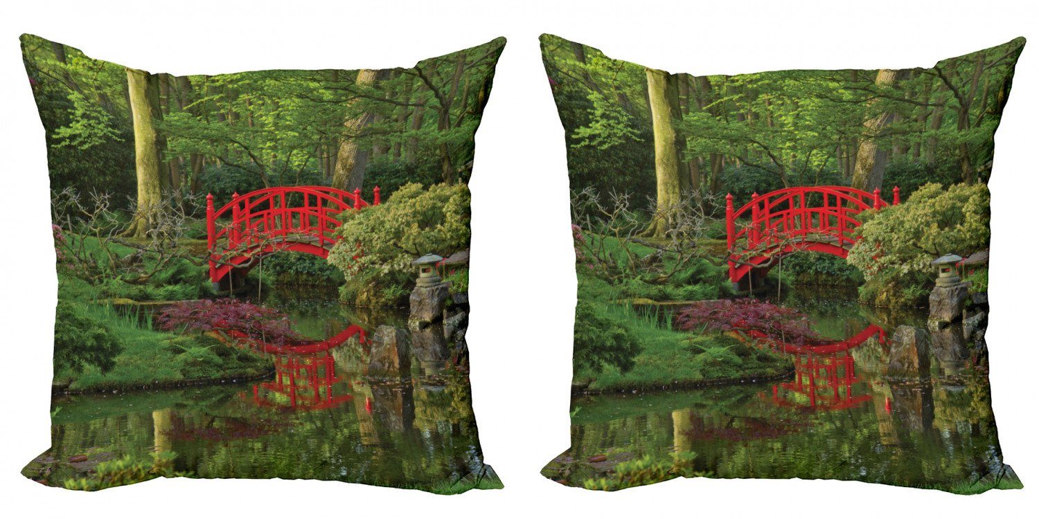 Kissenbezüge Modern Accent Doppelseitiger Digitaldruck, Abakuhaus (2 Stück), See Chinesisch-Brücke in einem Wald